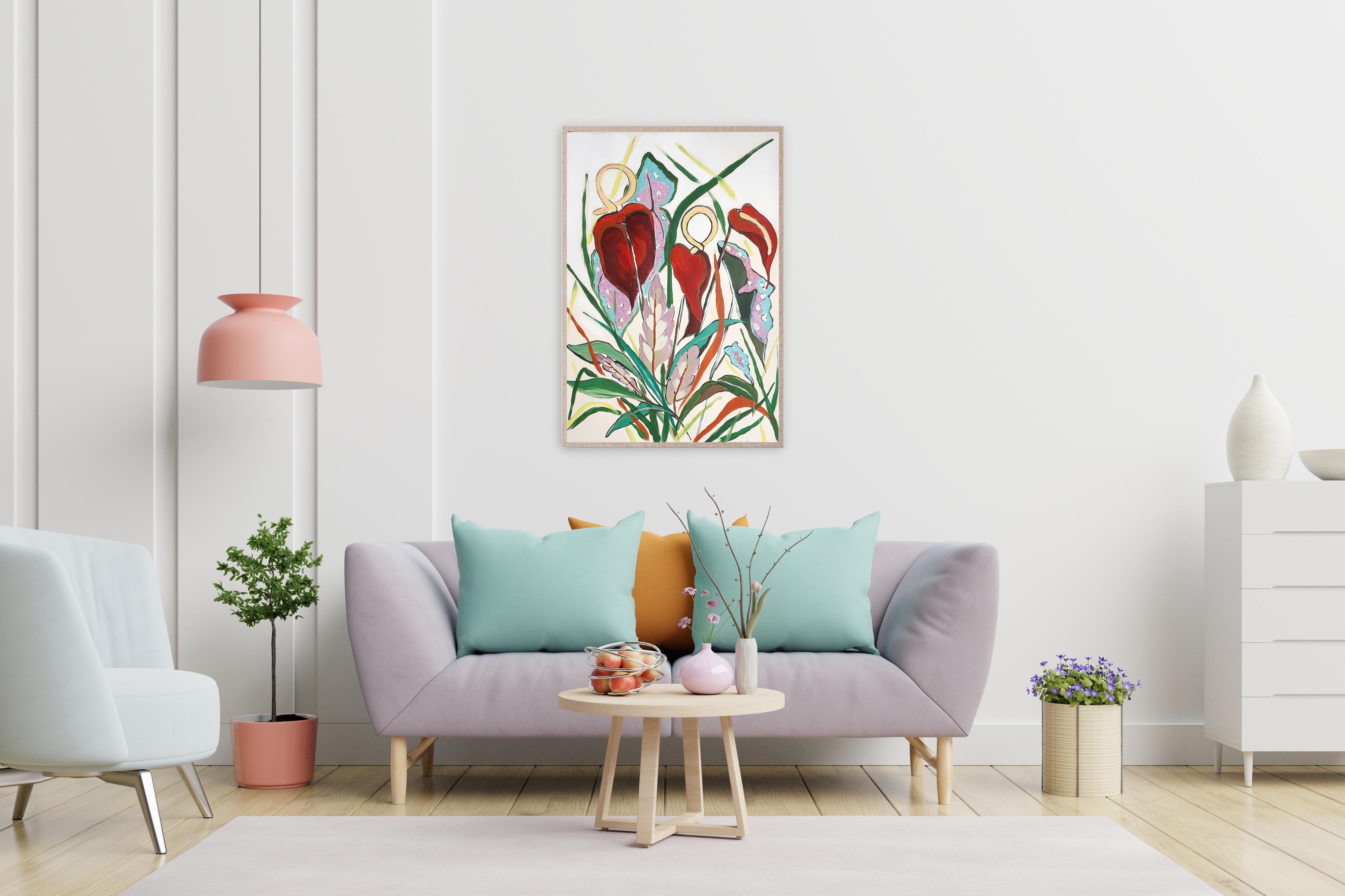 Style d'illustration, Bouquet de flamants exotiques, Fleurs tropicales rouges sur papier en vente 1
