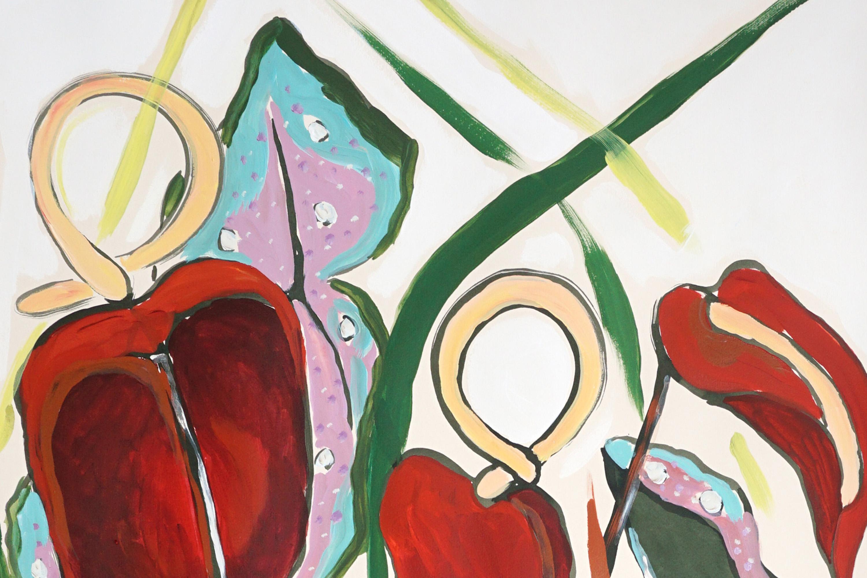 Style d'illustration, Bouquet de flamants exotiques, Fleurs tropicales rouges sur papier en vente 2