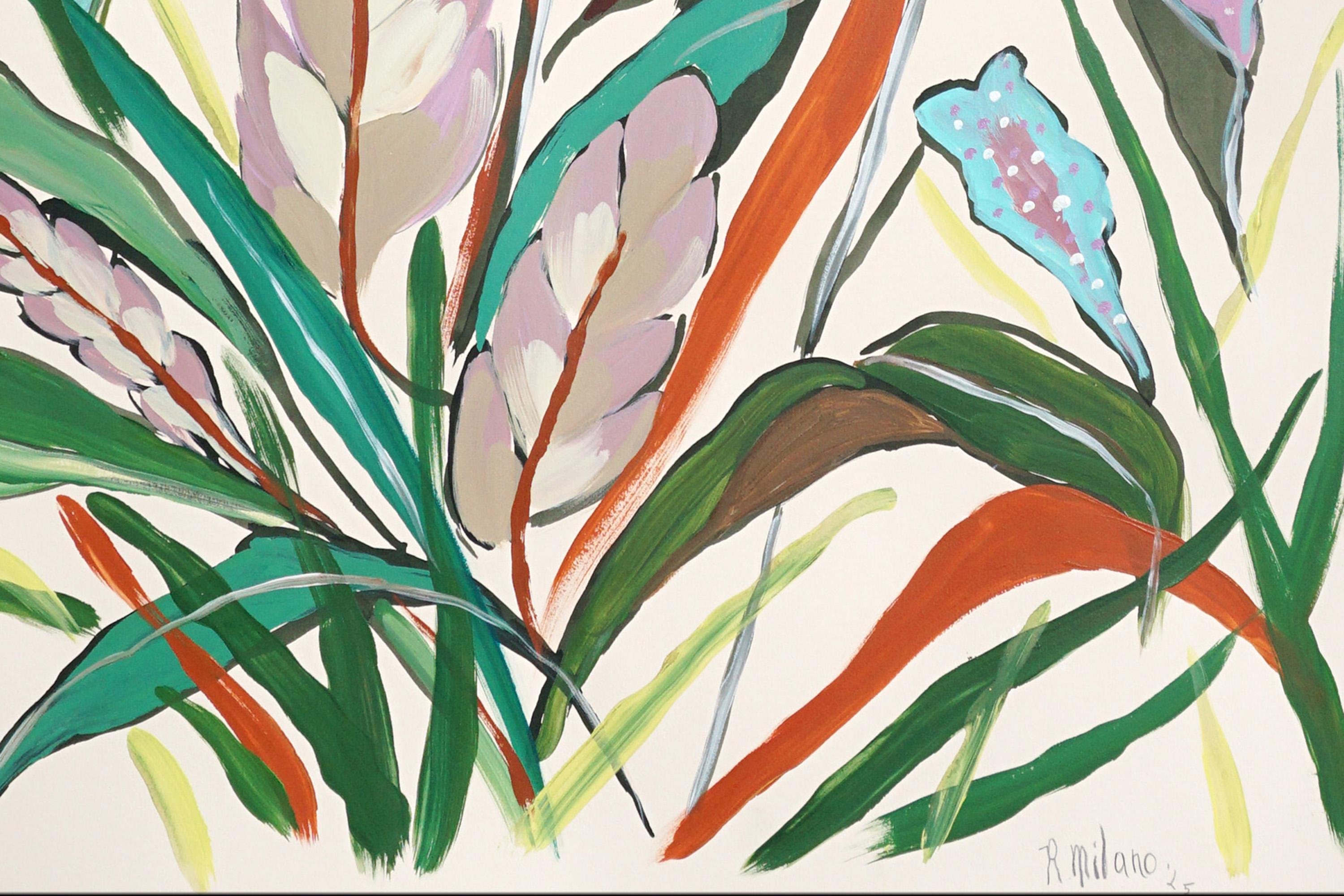 Style d'illustration, Bouquet de flamants exotiques, Fleurs tropicales rouges sur papier en vente 3