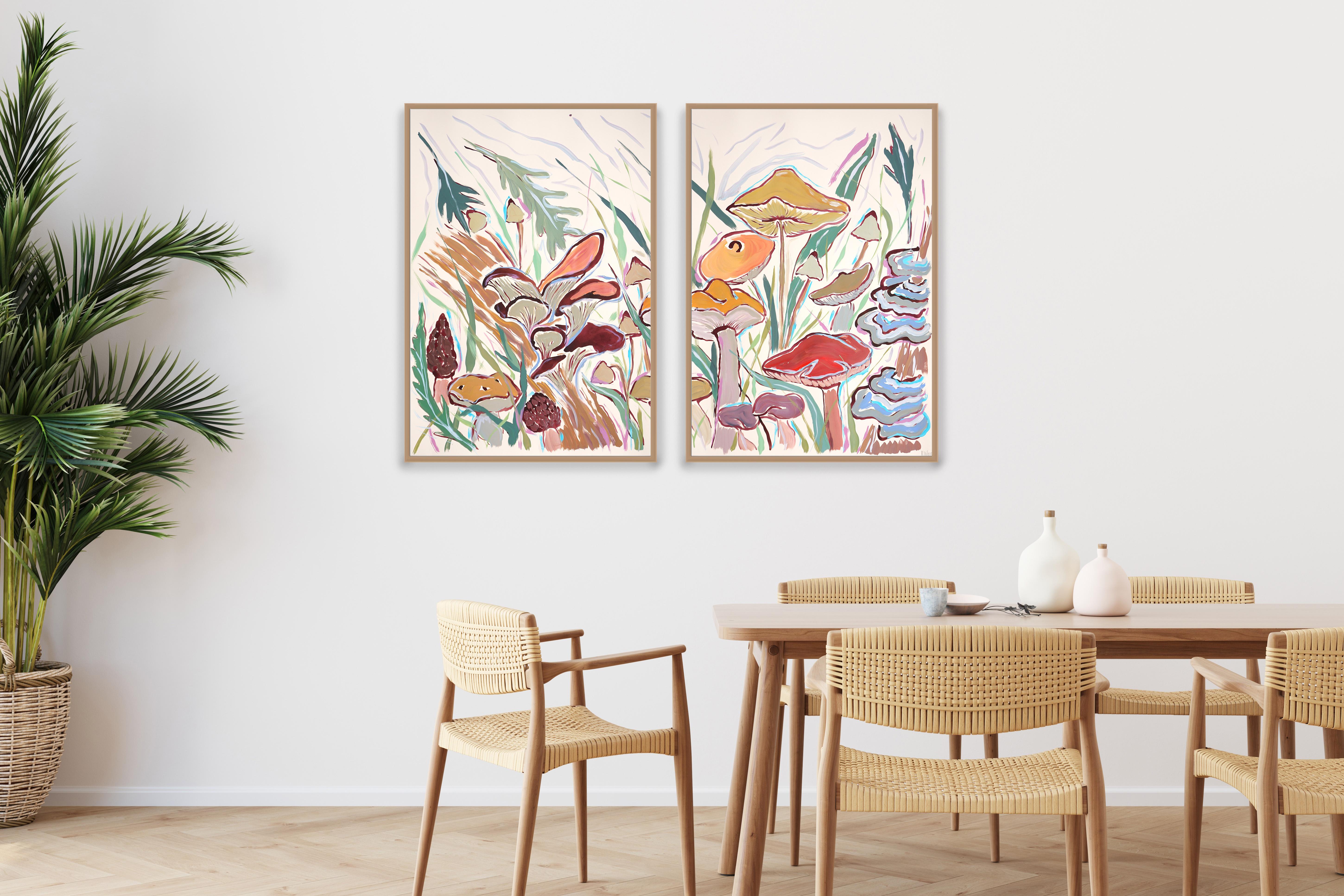 Díptico de pintura estilo ilustración de Cosecha de setas silvestres, Paisaje otoñal - Painting Naturalista de Romina Milano