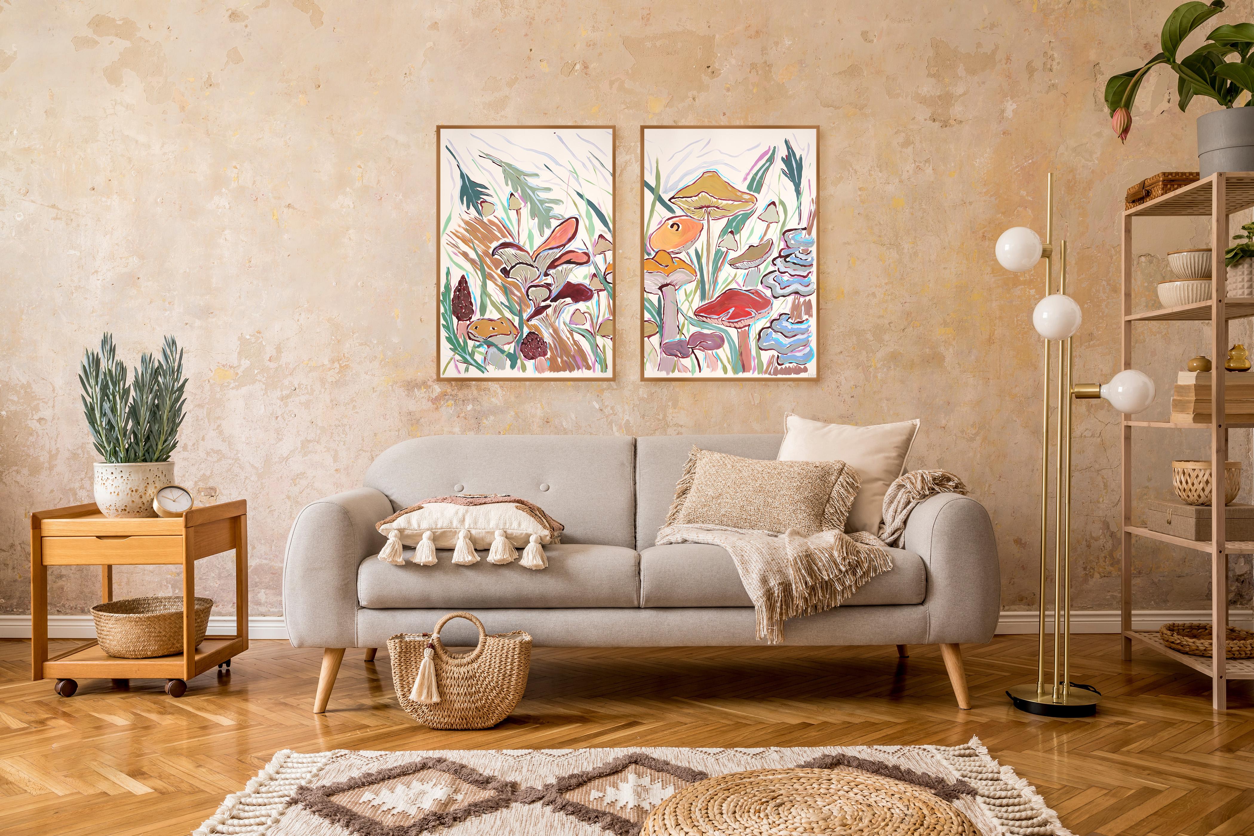 Díptico de pintura estilo ilustración de Cosecha de setas silvestres, Paisaje otoñal 1