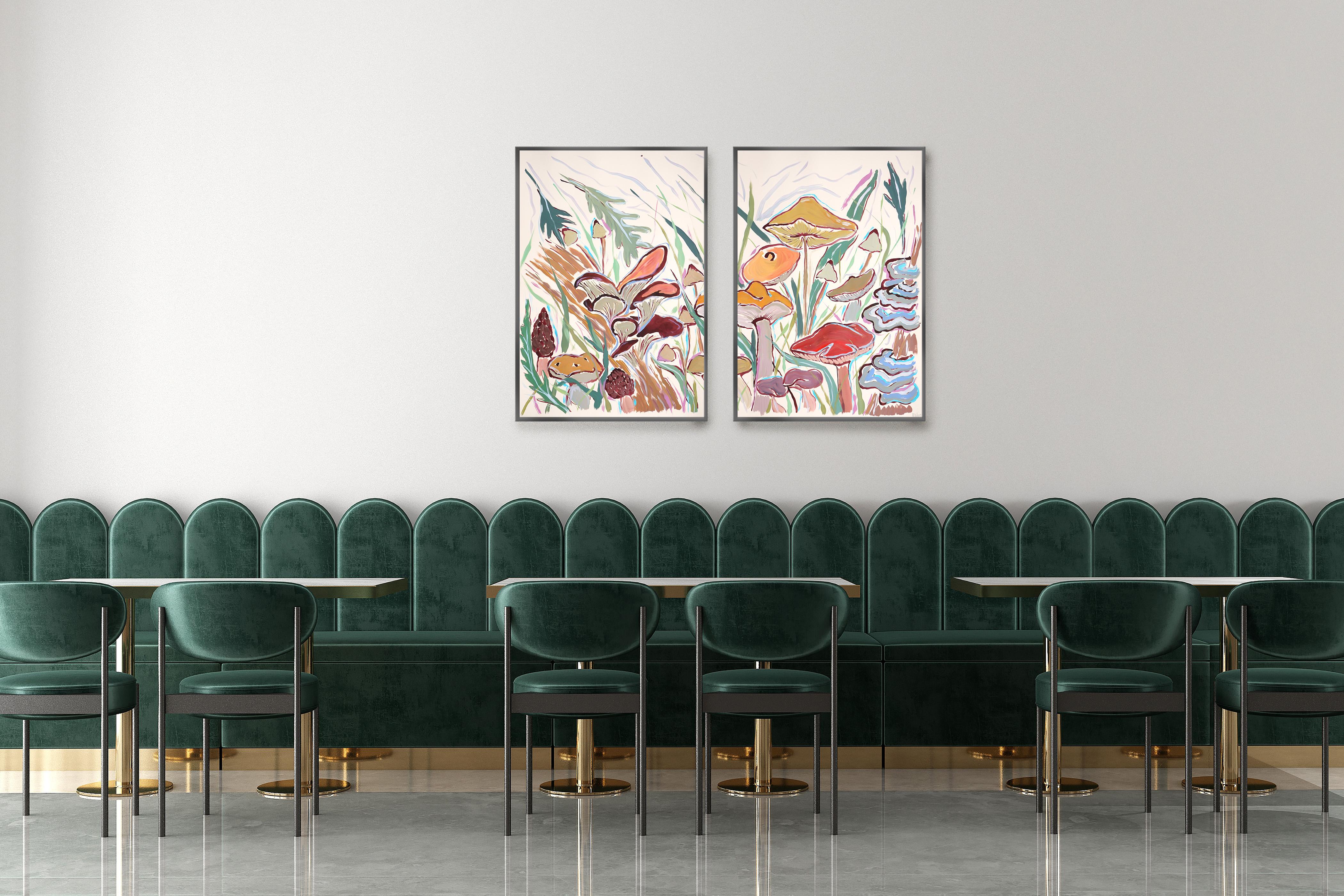 Díptico de pintura estilo ilustración de Cosecha de setas silvestres, Paisaje otoñal 3