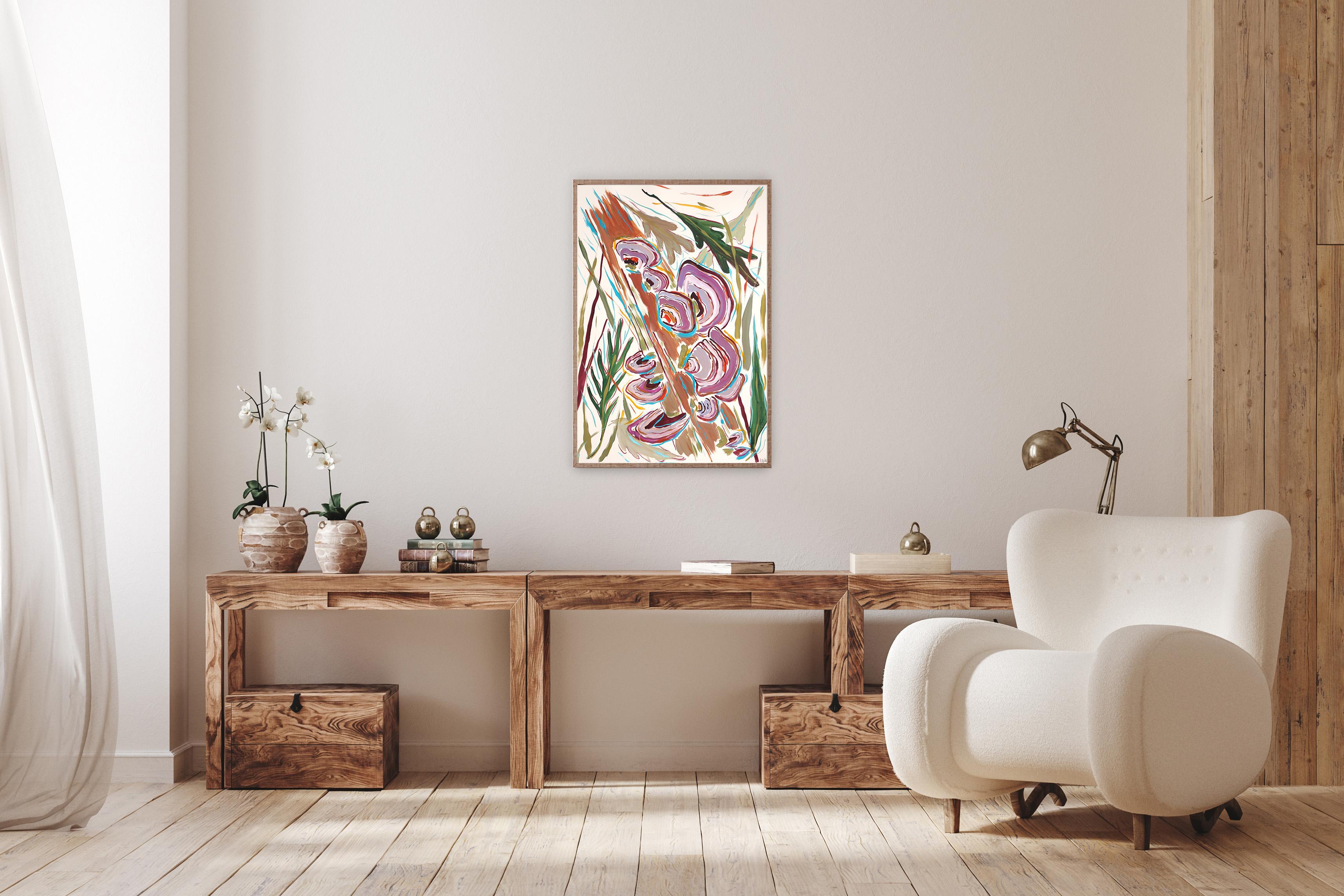 Illustration Style Painting of Turkey Tail Mushrooms, Autumn Forest Landscape For Sale 2