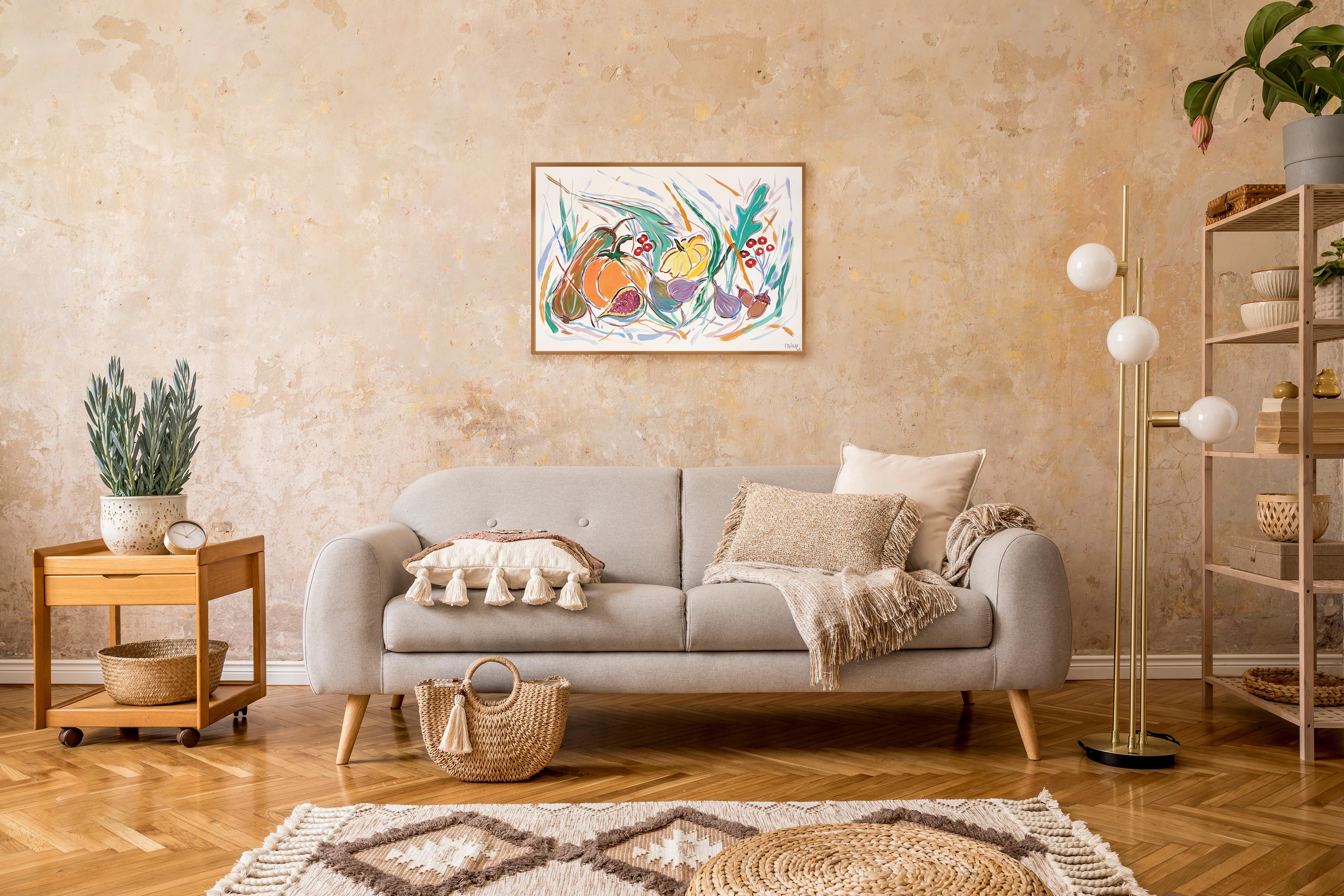 Illustration Style Still Life of Harvest Autumn Cornucopia, Fruit Bowl Painting - Beige Still-Life Painting by Romina Milano
