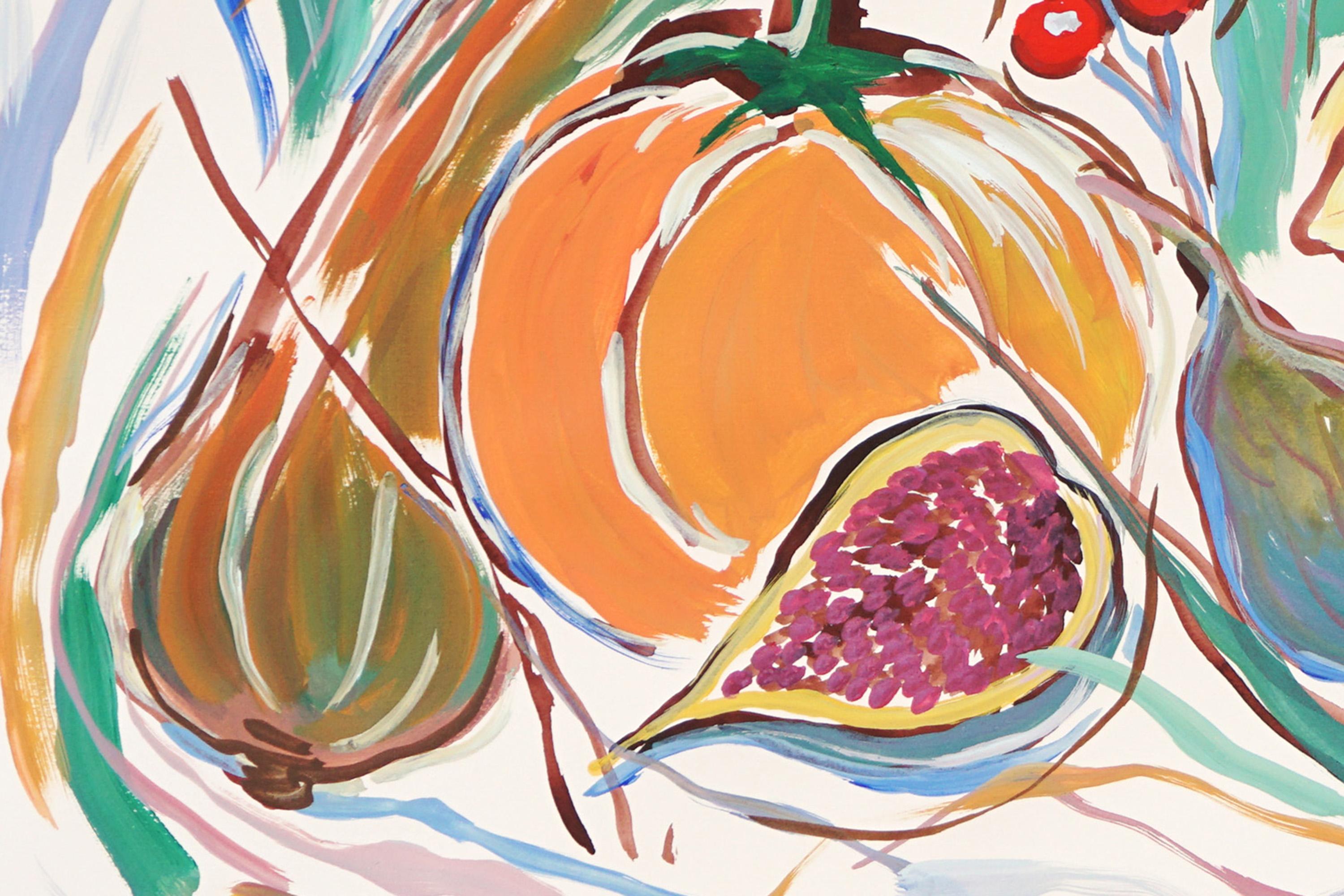 Illustration Style Still Life of Harvest Autumn Cornucopia, Fruit Bowl Painting For Sale 1