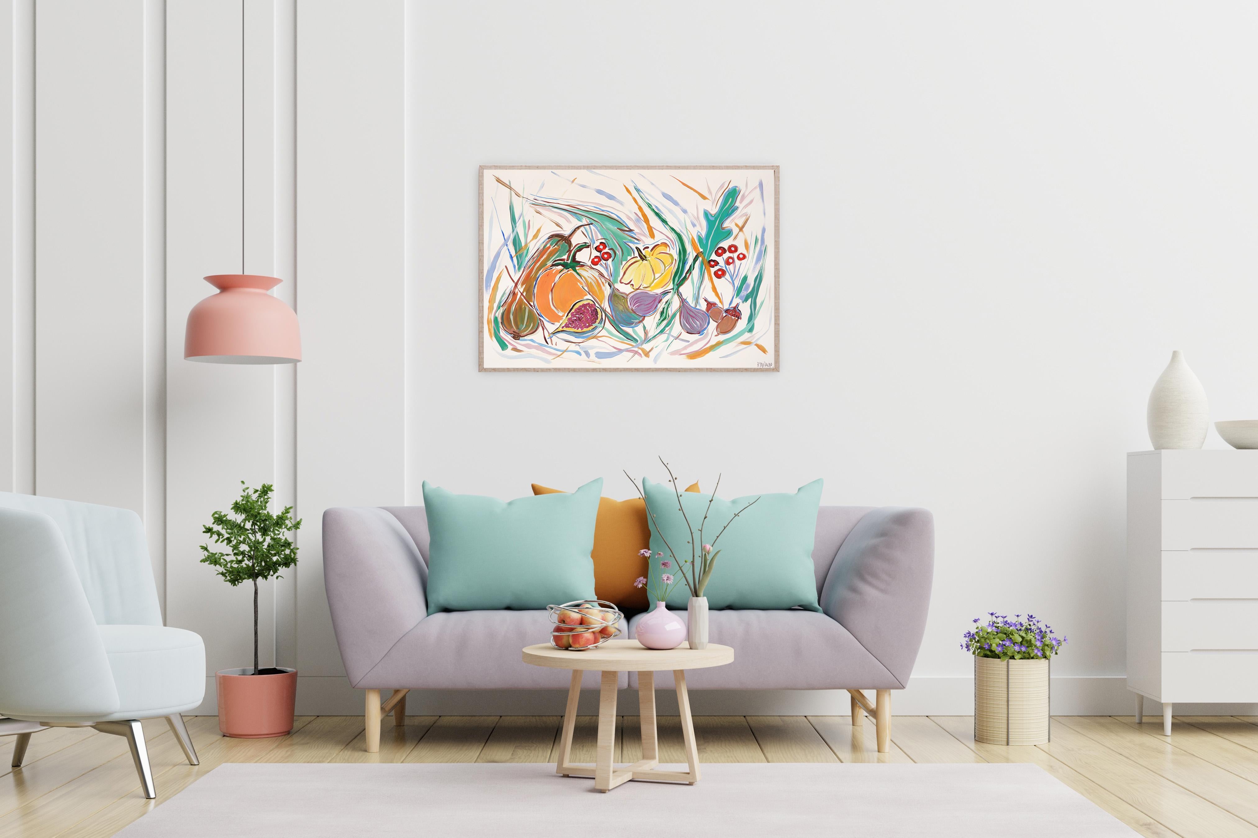 Illustration Style Still Life of Harvest Autumn Cornucopia, Fruit Bowl Painting For Sale 2