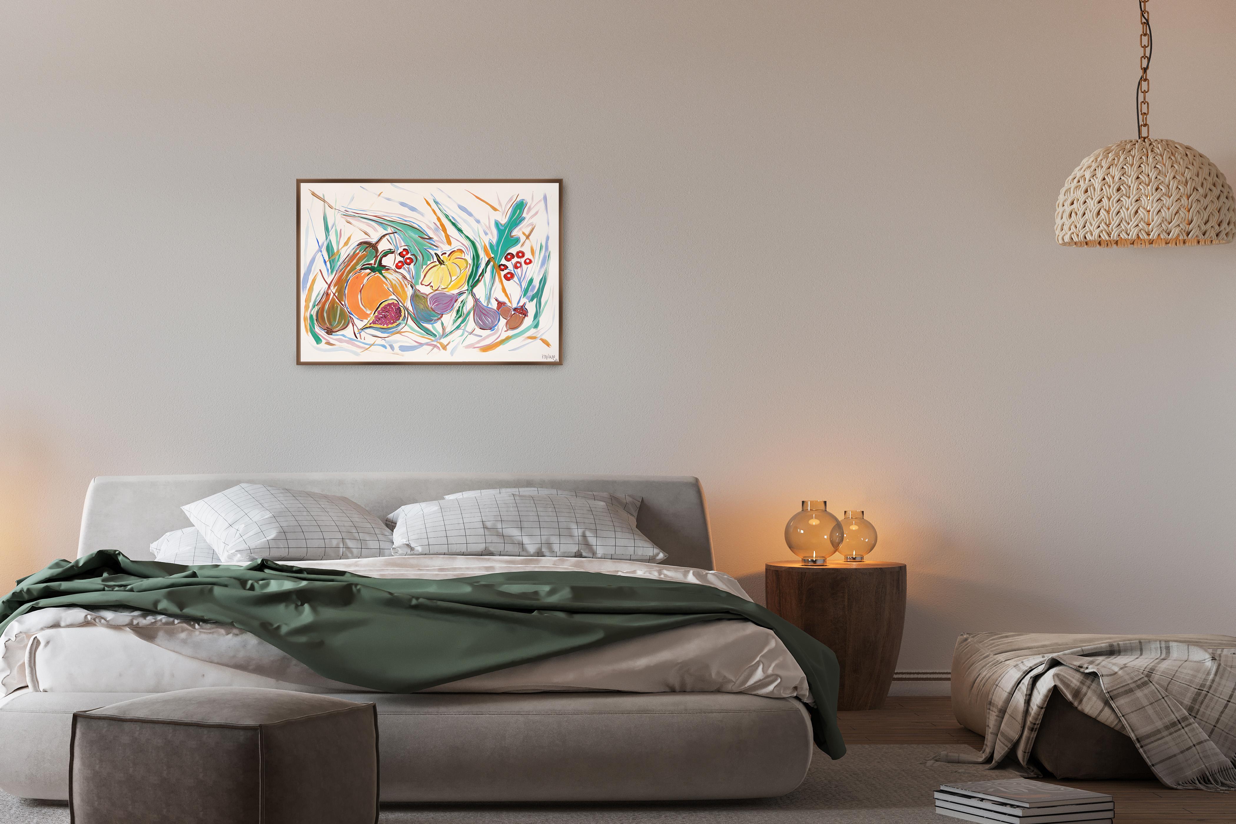 Illustration Style Still Life of Harvest Autumn Cornucopia, Fruit Bowl Painting For Sale 3