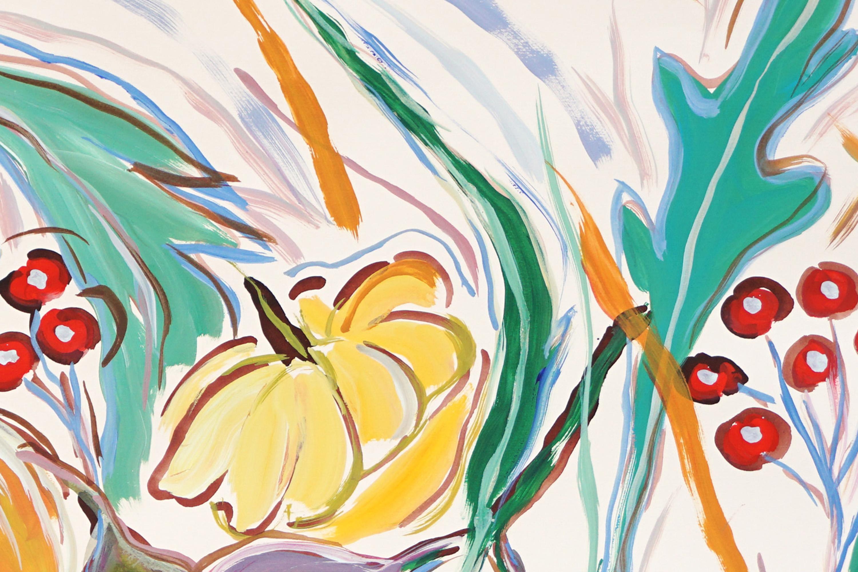 Illustration Style Still Life of Harvest Autumn Cornucopia, Fruit Bowl Painting For Sale 4