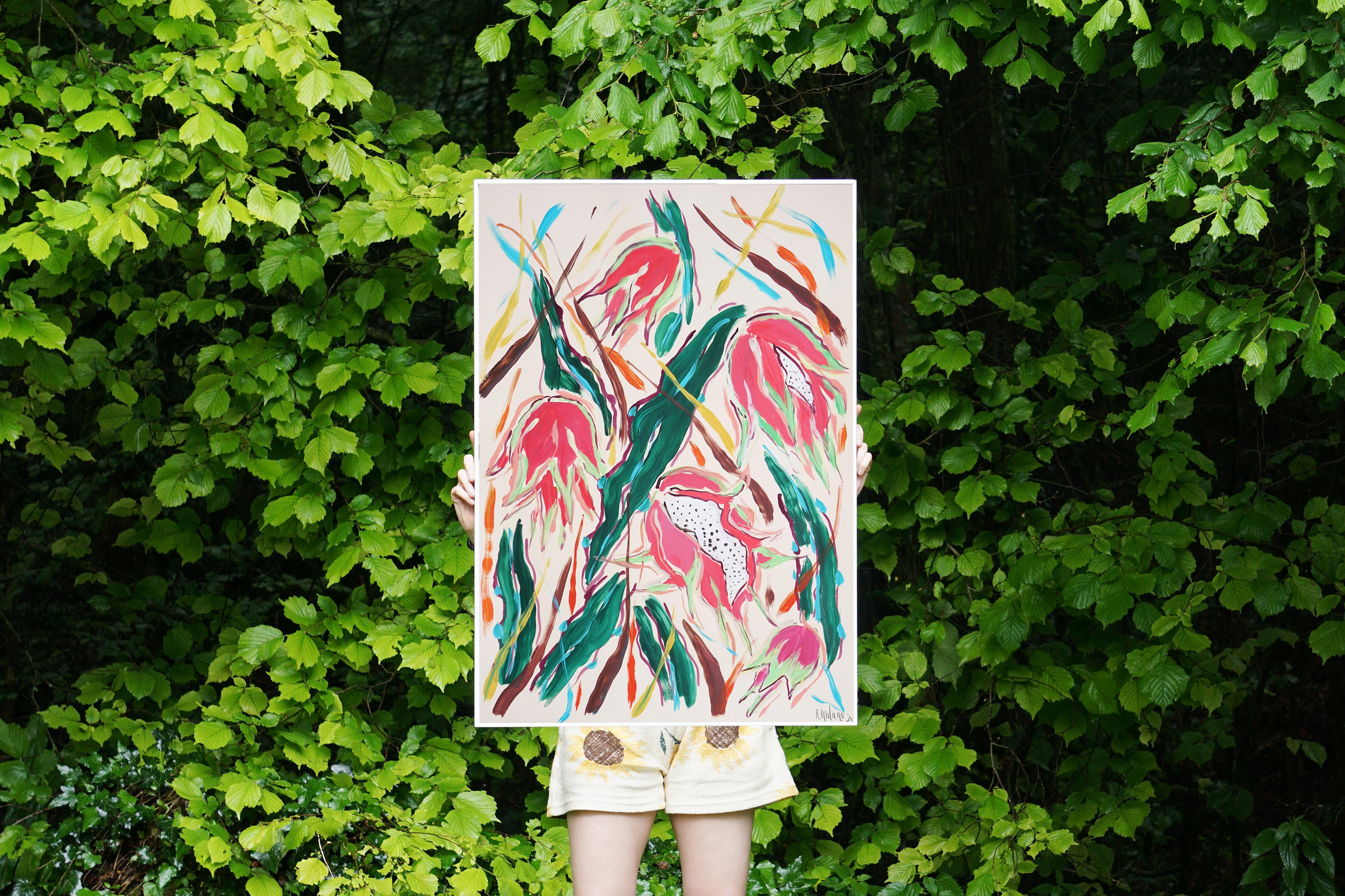 Nature morte de style illustration d'un dragonnier rose, art botanique - Painting de Romina Milano