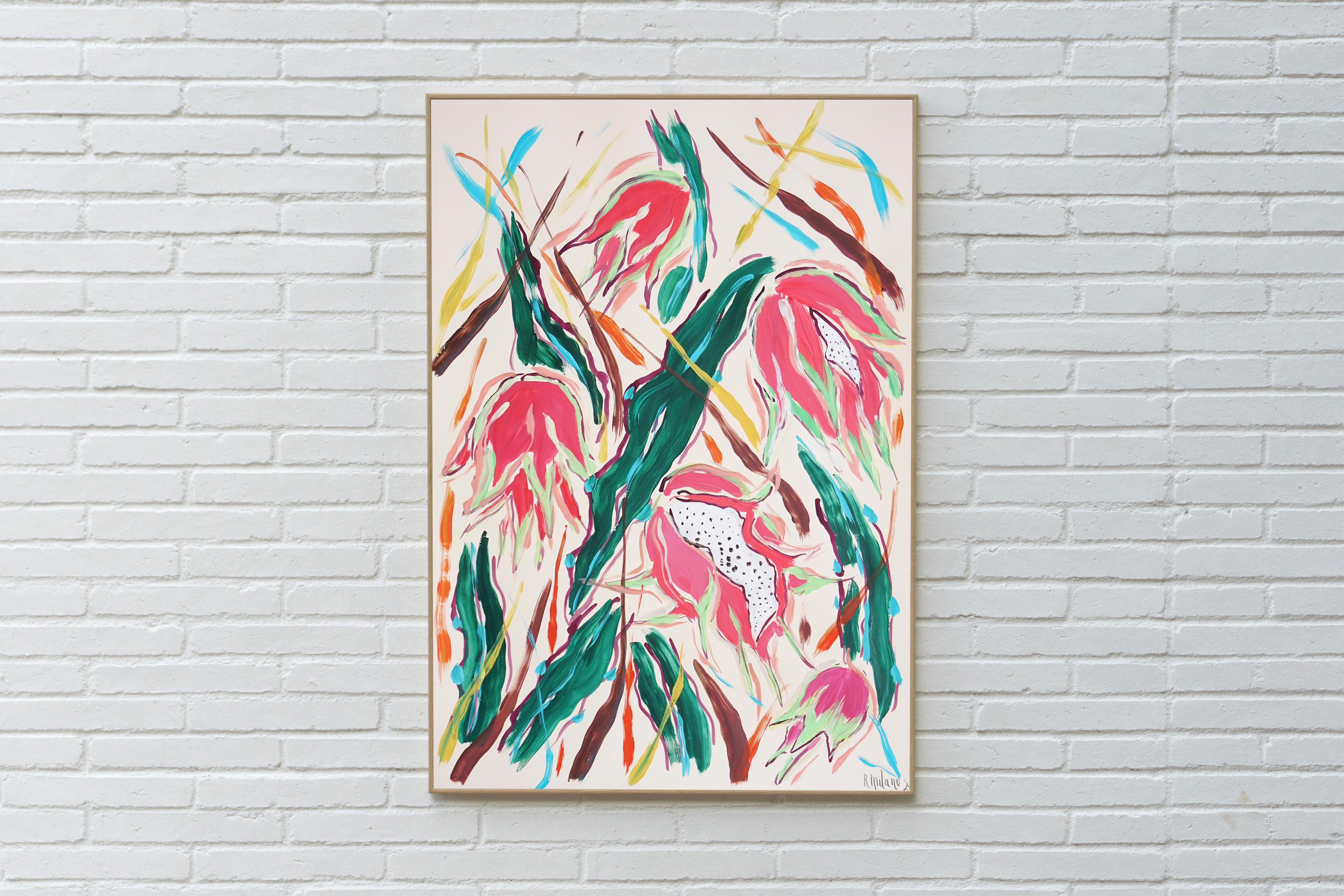 Nature morte de style illustration d'un dragonnier rose, art botanique - Fauvisme Painting par Romina Milano