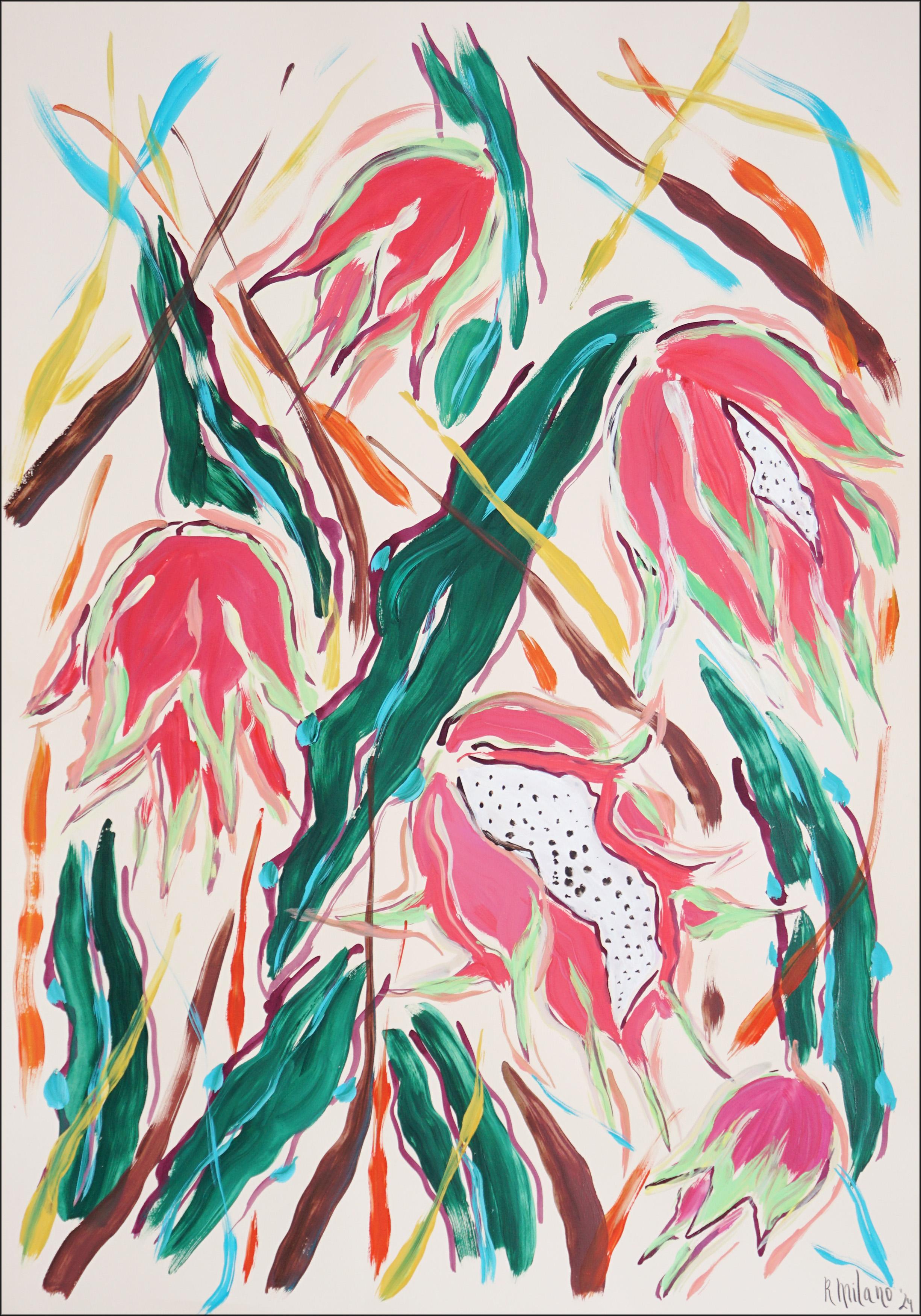 Stillleben im Illustrationsstil mit rosa Drachen-Obstbaum, botanische Kunst