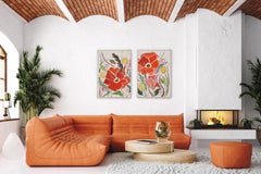 Large Red Poppy Flowers Diptych with Yellow Wild Craspedia Bloom, Illustration