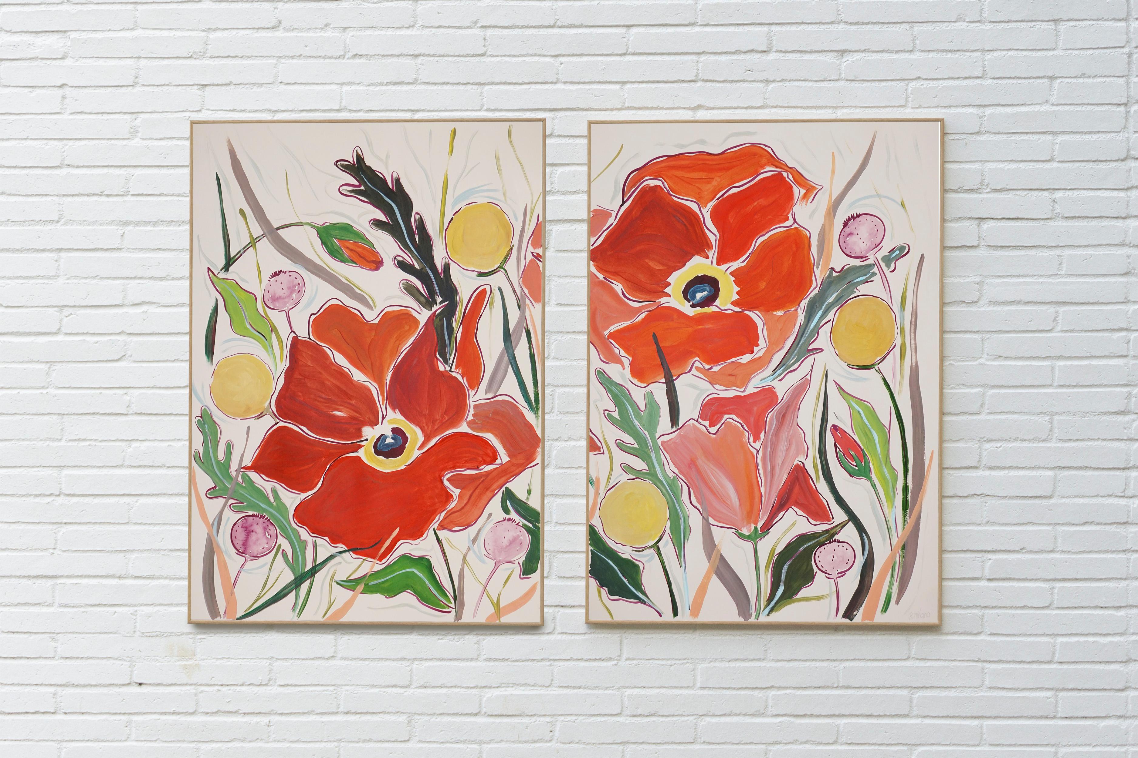Large Red Poppy Flowers Diptych with Yellow Wild Craspedia Bloom, Illustration  - Naturalistic Painting by Romina Milano