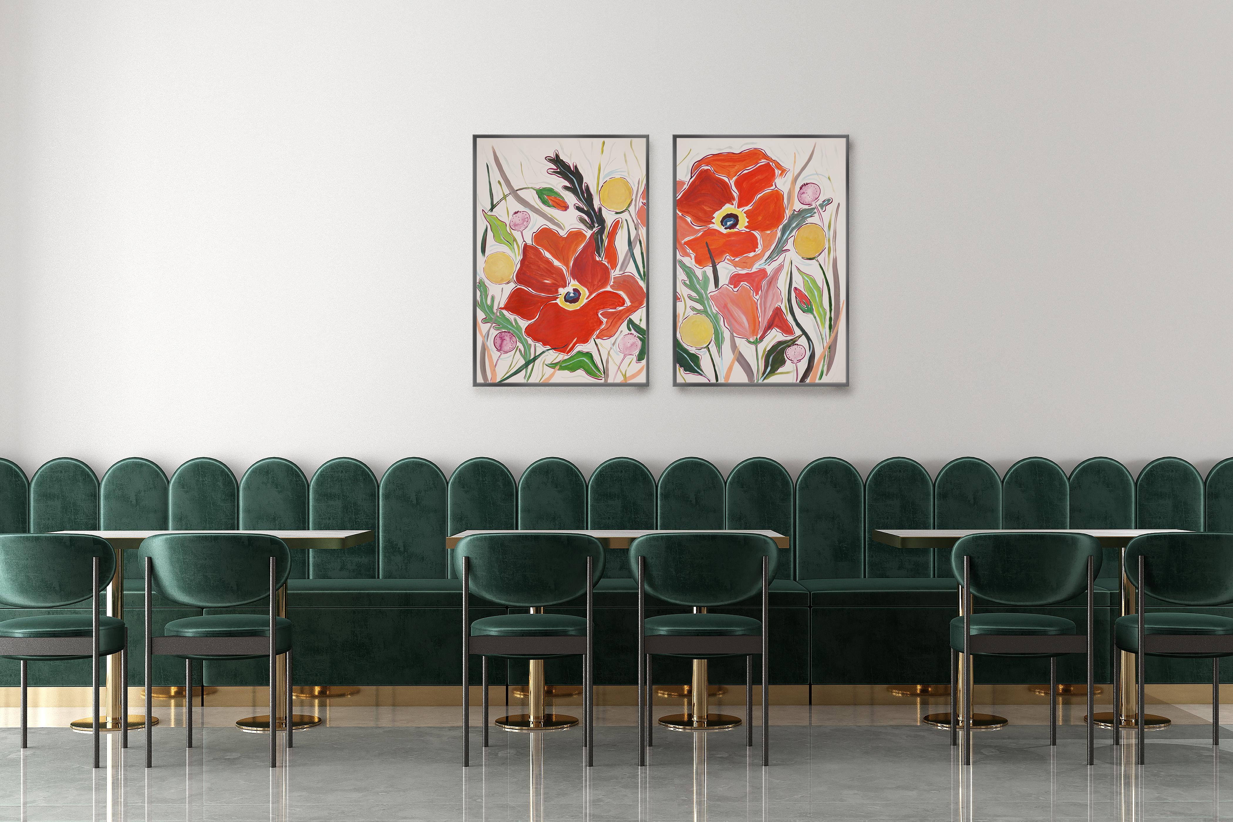 Large Red Poppy Flowers Diptych with Yellow Wild Craspedia Bloom, Illustration  For Sale 1
