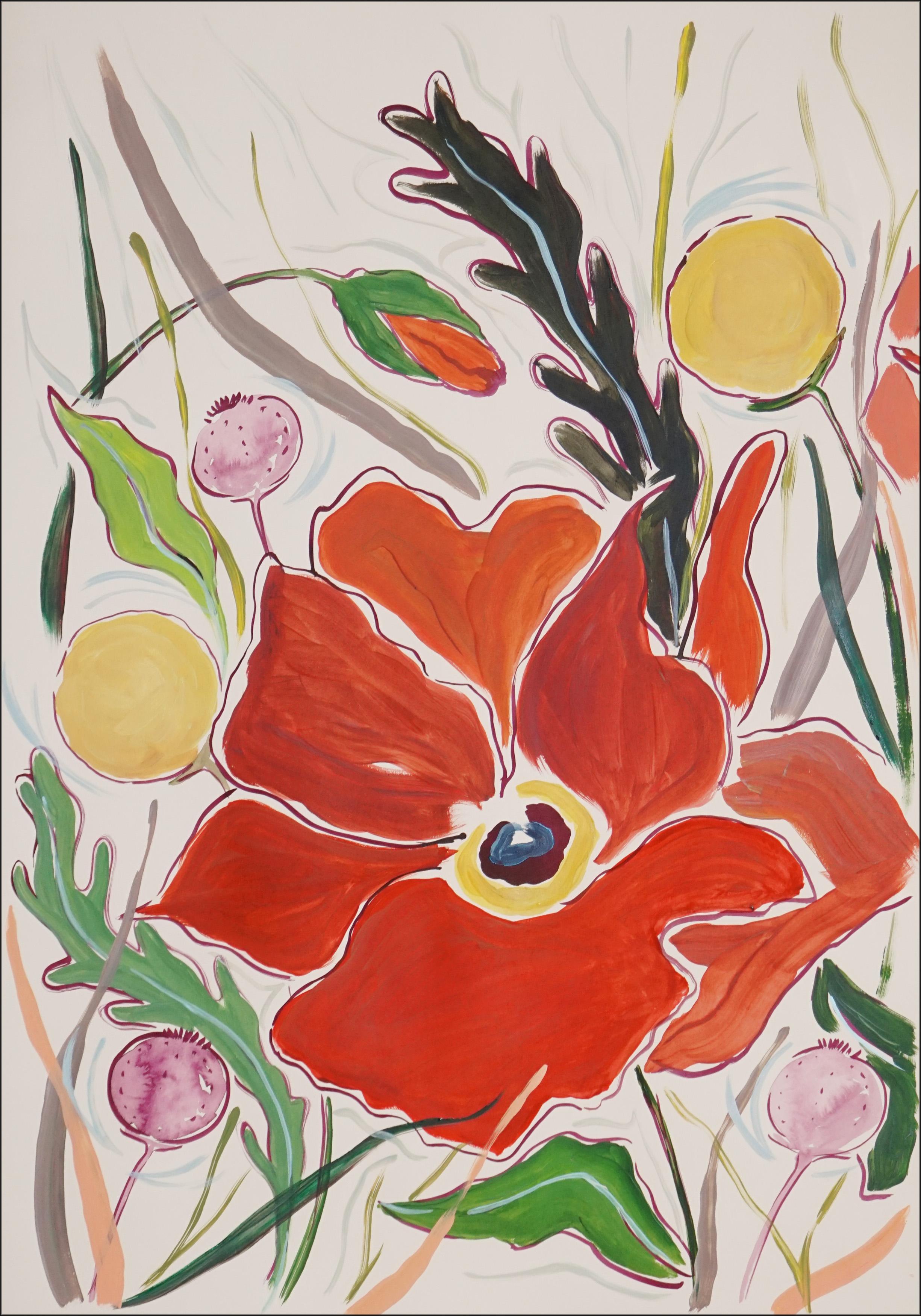 Großes Diptychon mit rotenen Mohnblumen und gelben Wild Craspedia-Blumen, Illustration  im Angebot 2