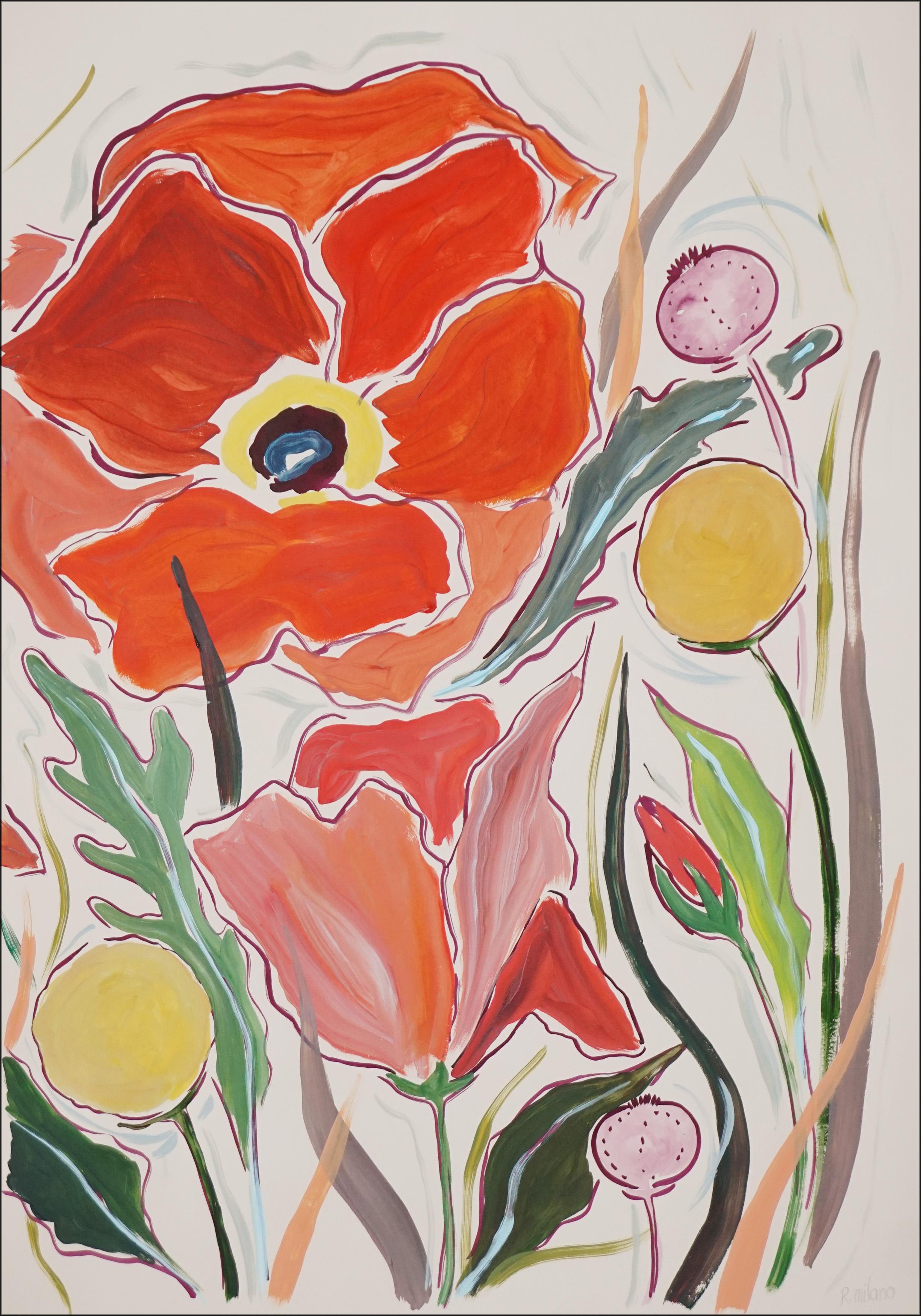 Großes Diptychon mit rotenen Mohnblumen und gelben Wild Craspedia-Blumen, Illustration  im Angebot 3