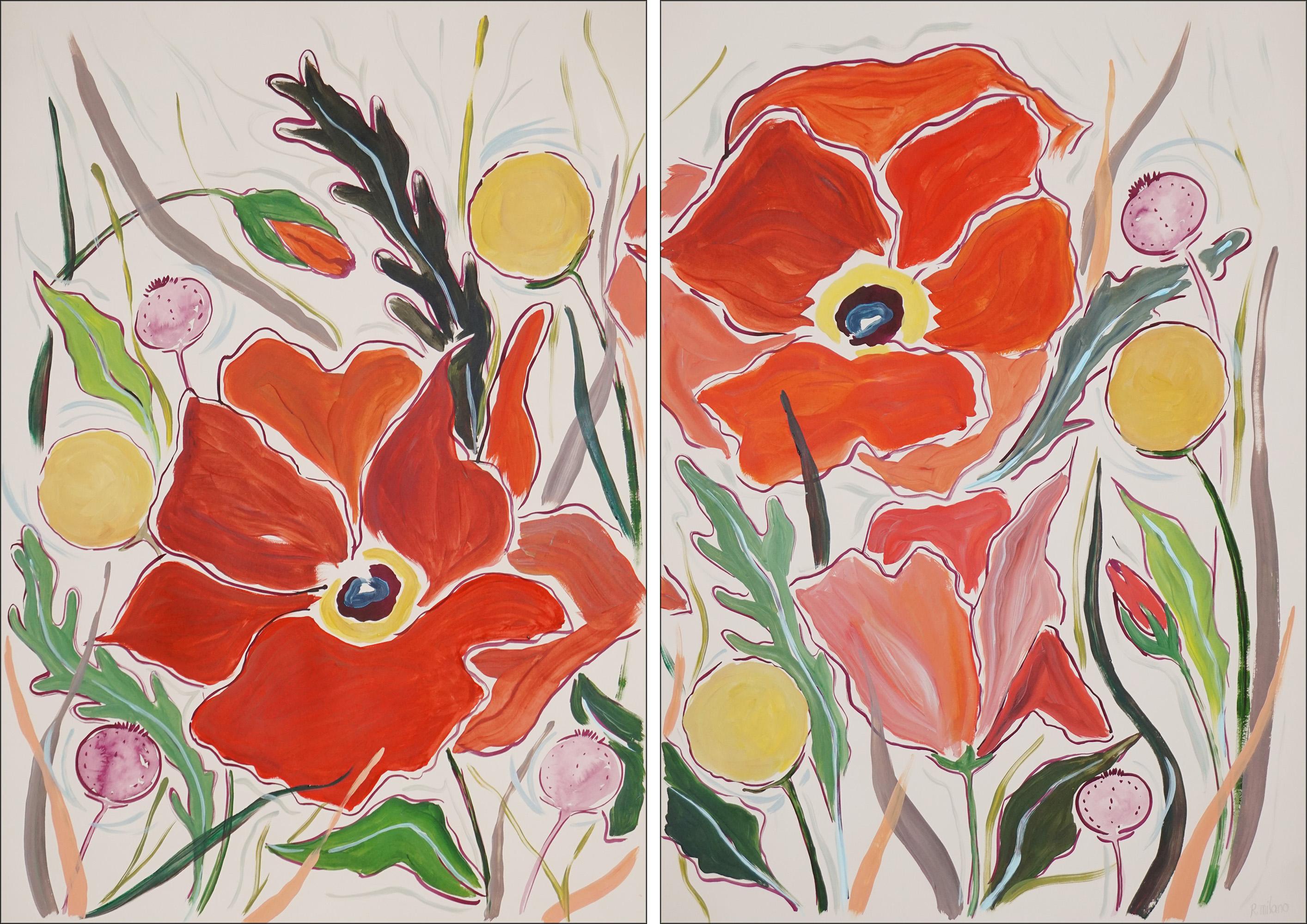 Romina Milano Landscape Painting - Large Red Poppy Flowers Diptych with Yellow Wild Craspedia Bloom, Illustration 