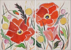 Large Red Poppy Flowers Diptych with Yellow Wild Craspedia Bloom, Illustration 