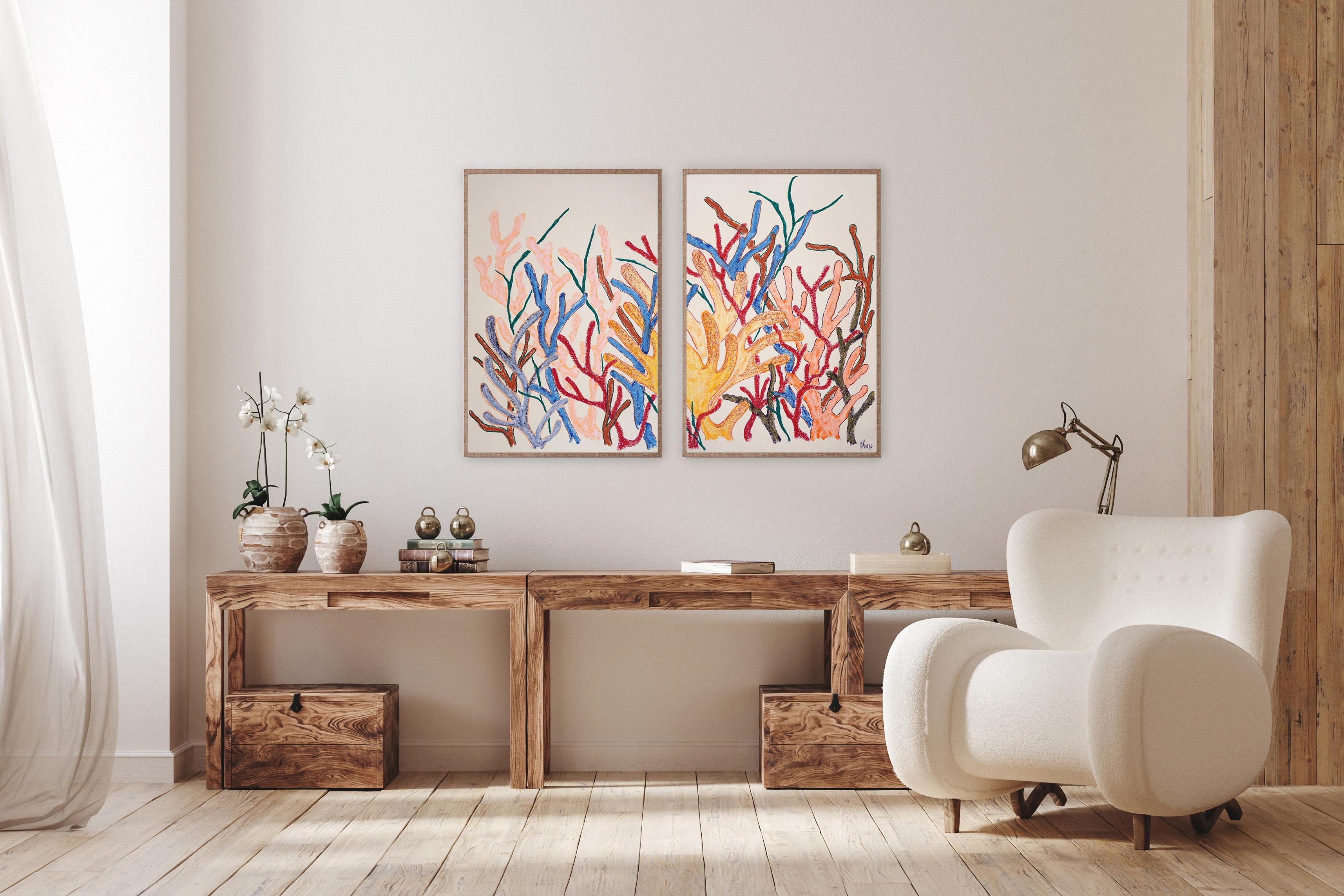Dittico di corallo giallo Majestic, illustrazione della barriera corallina gialla Pittura biomorfa - Painting Naturalismo di Romina Milano