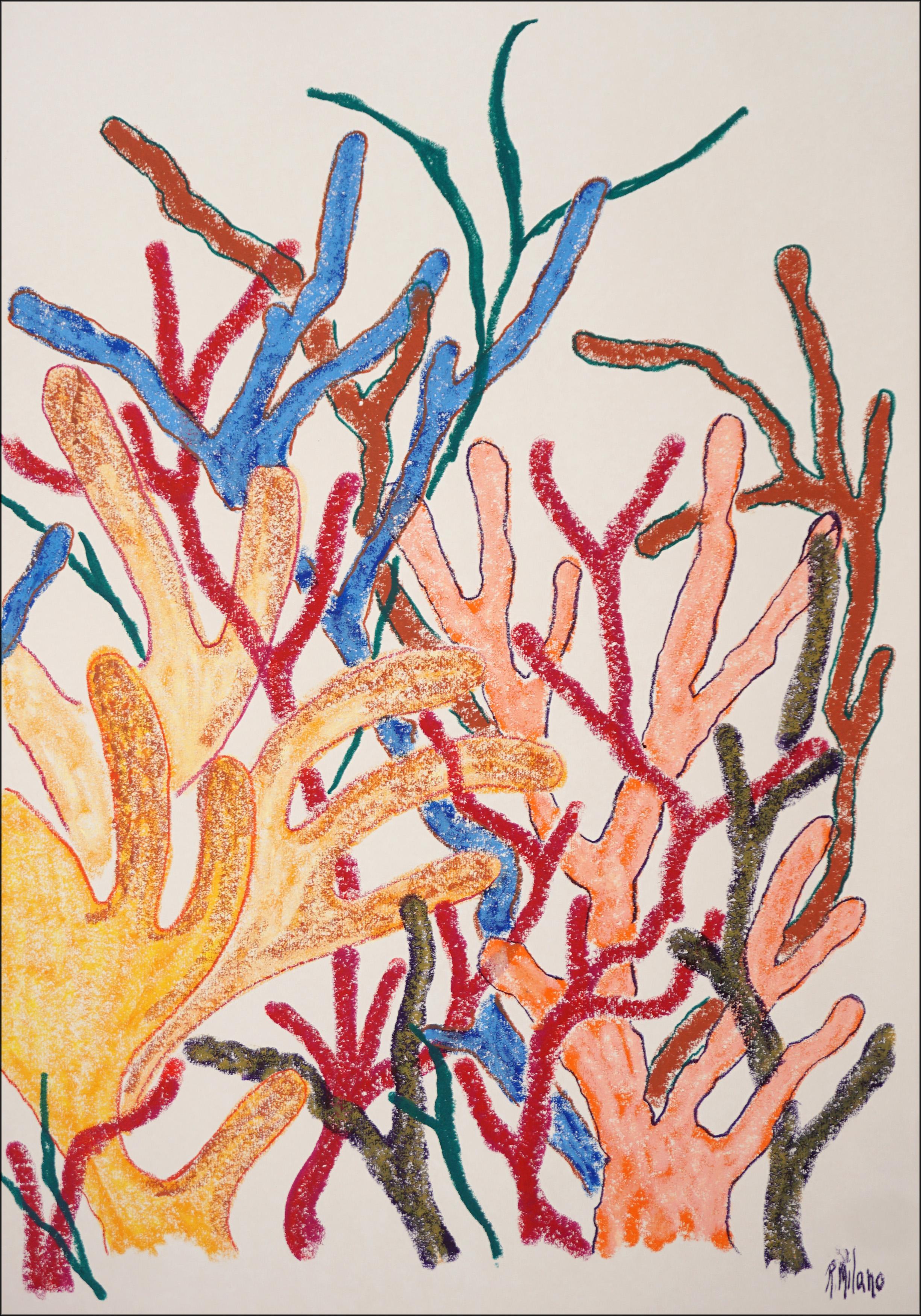Majestic Yellow Coral è un dittico vibrante che cattura il ritmo e la struttura naturale della barriera corallina attraverso una ricca trama e colori. Caratterizzata da sorprendenti forme coralline gialle, blu e rosse stratificate su morbide