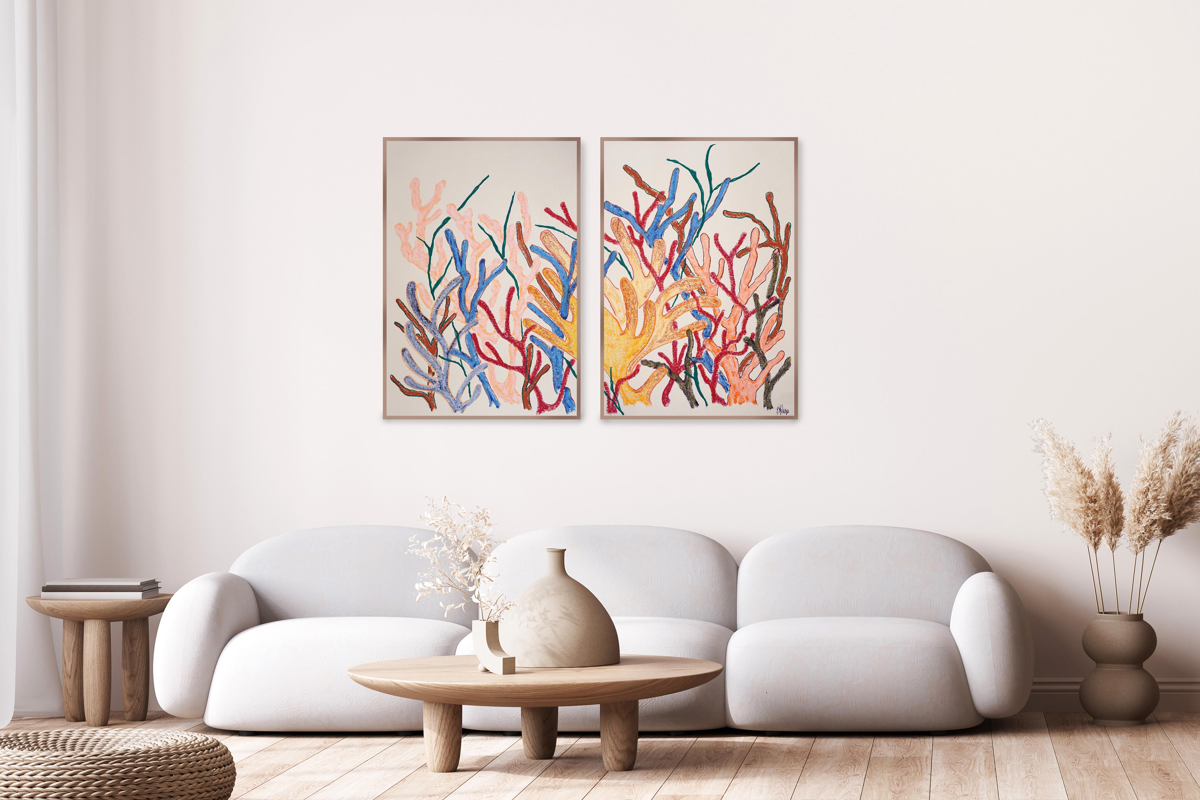 Dittico di corallo giallo Majestic, illustrazione della barriera corallina gialla Pittura biomorfa in vendita 1