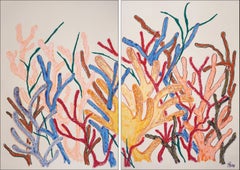 Majestic Yellow Coral Diptych, Yellow Reef Illustration Biomorphic Painting