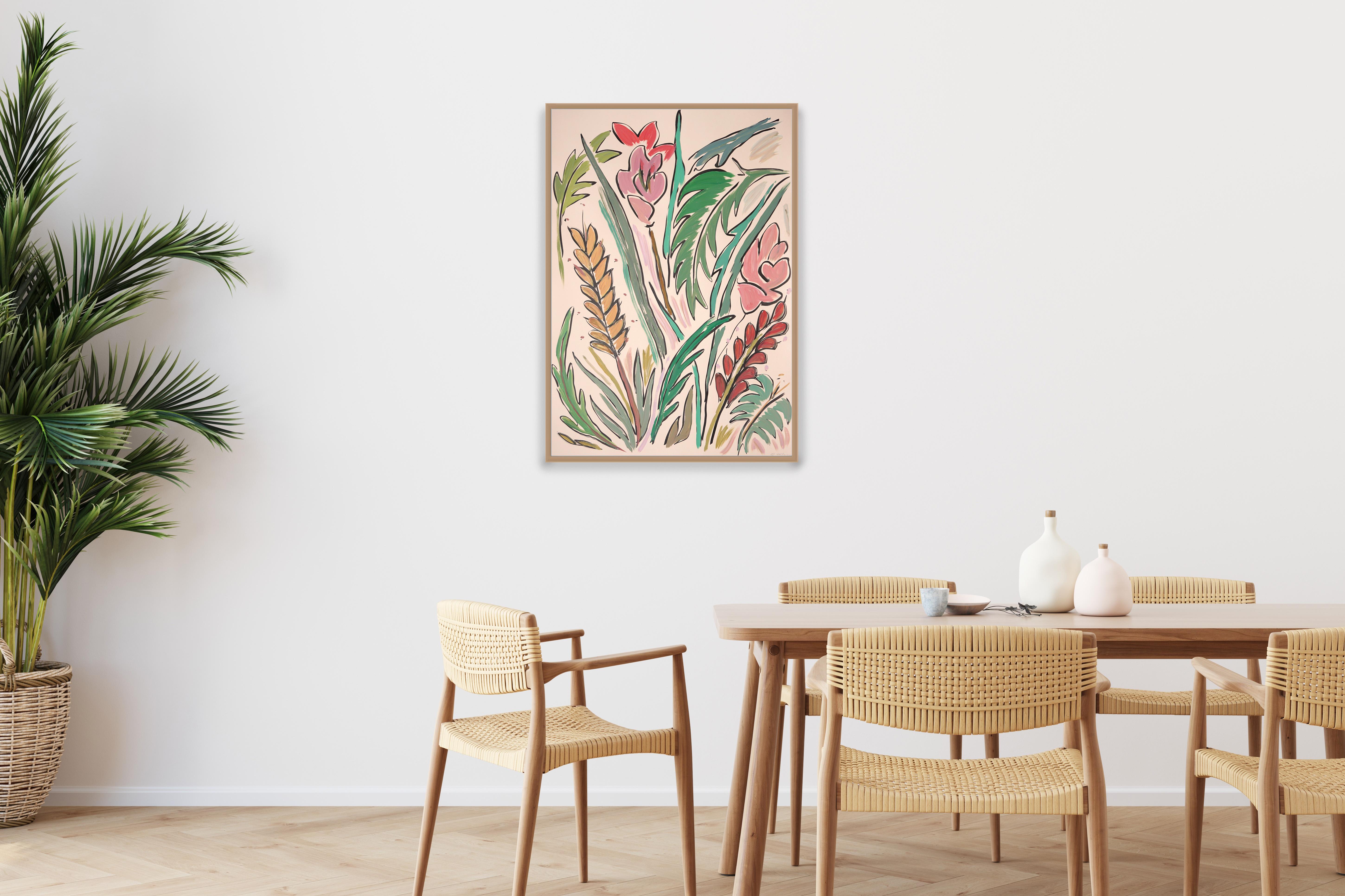 Marisma en el pantano, Flores silvestres rosas, Trigo dorado, Hojas verdes, Naturaleza muerta - Landscape Painting Beige de Romina Milano