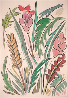 Marsh in the Bayou, Pink Wild Flowers, Golden Wheat, Green Leaves, Still Life