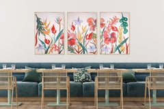 Modern Botanical Triptych of Tropical Garden, Hibiscus Lush Foliage Illustration