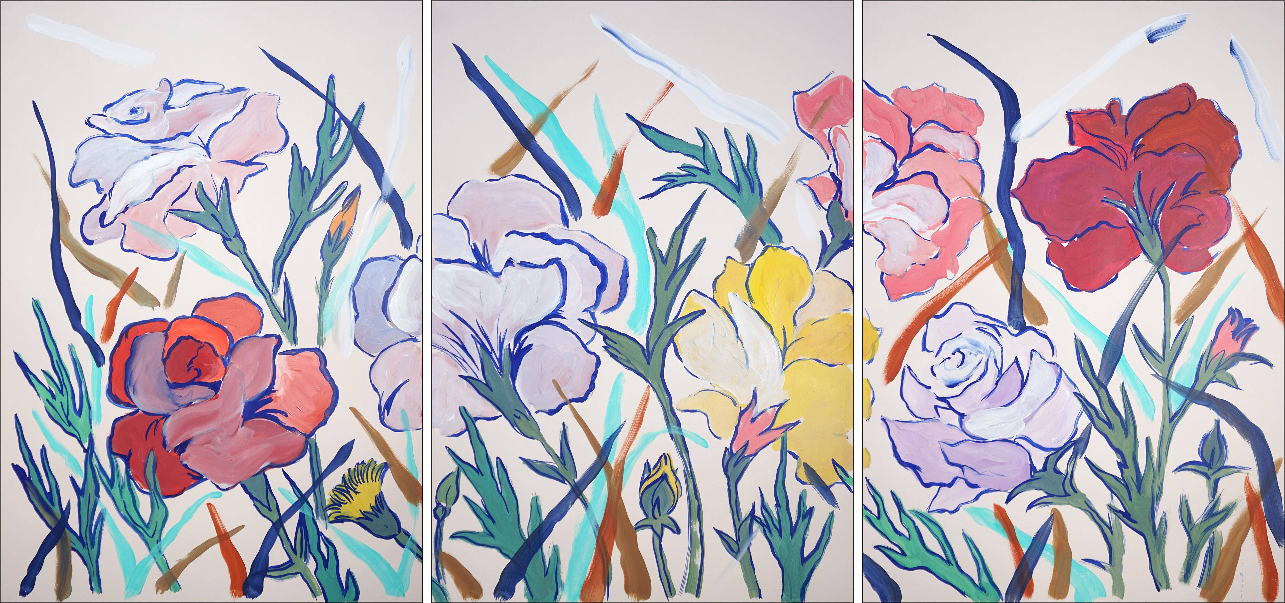 Modern Botanical Triptych of Wild Carnations, Pastel Tones Lush Flowers on Paper