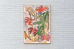 Monstera Deliciosa, Red and Green Still Life Painting, Blossom Tropical Flowers