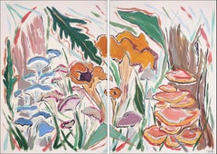 Mushroom Harvest Diptych, Illustration Style Painting, Autumn Landscape, Forest