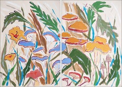Mushroom Harvest Diptych, Illustration Style Painting, Autumn Landscape, Forest