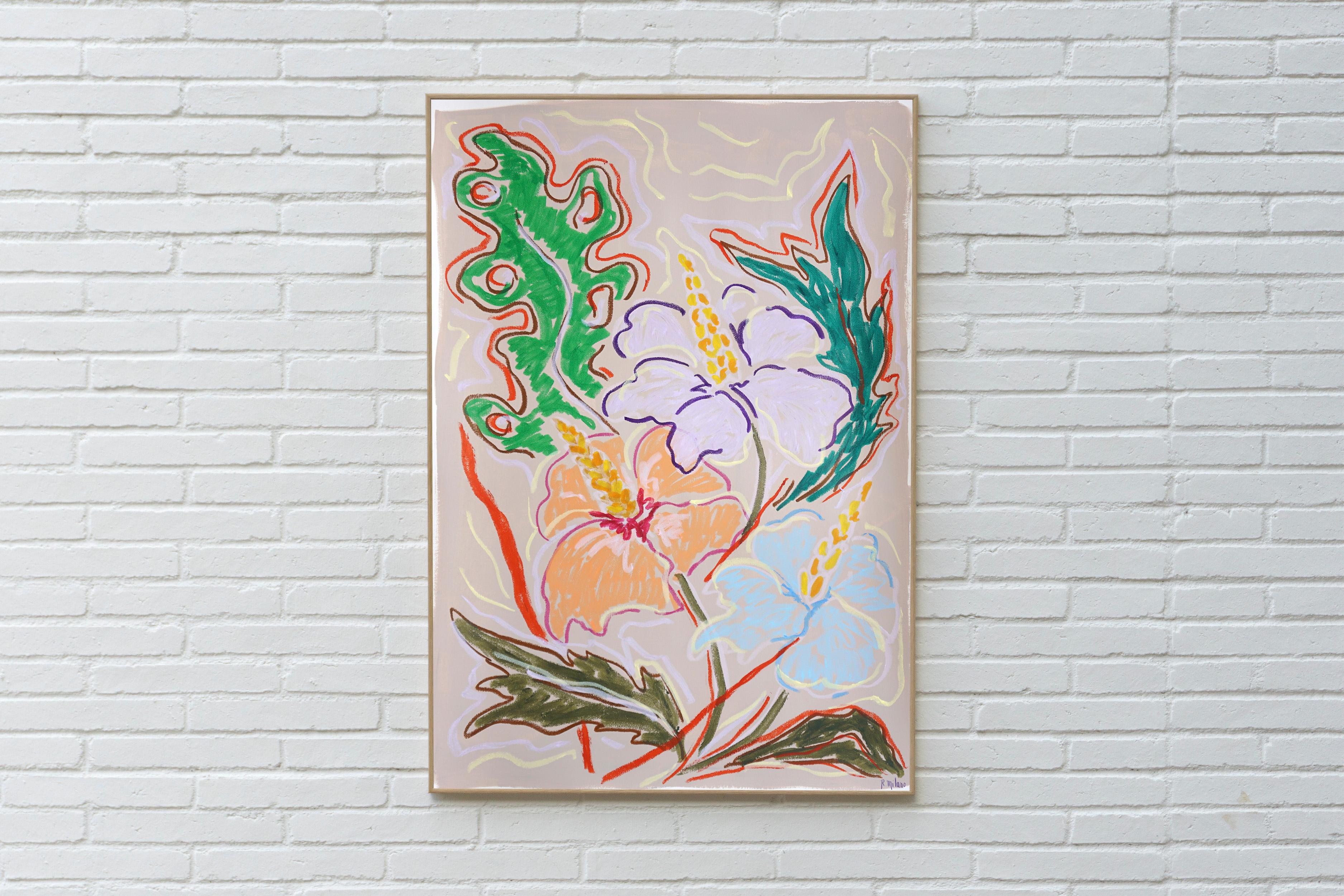 Neon Hibiscus Trio, Expressionist Flora, Vigorous Drawing, Paper, Exotic Plants - Painting by Romina Milano