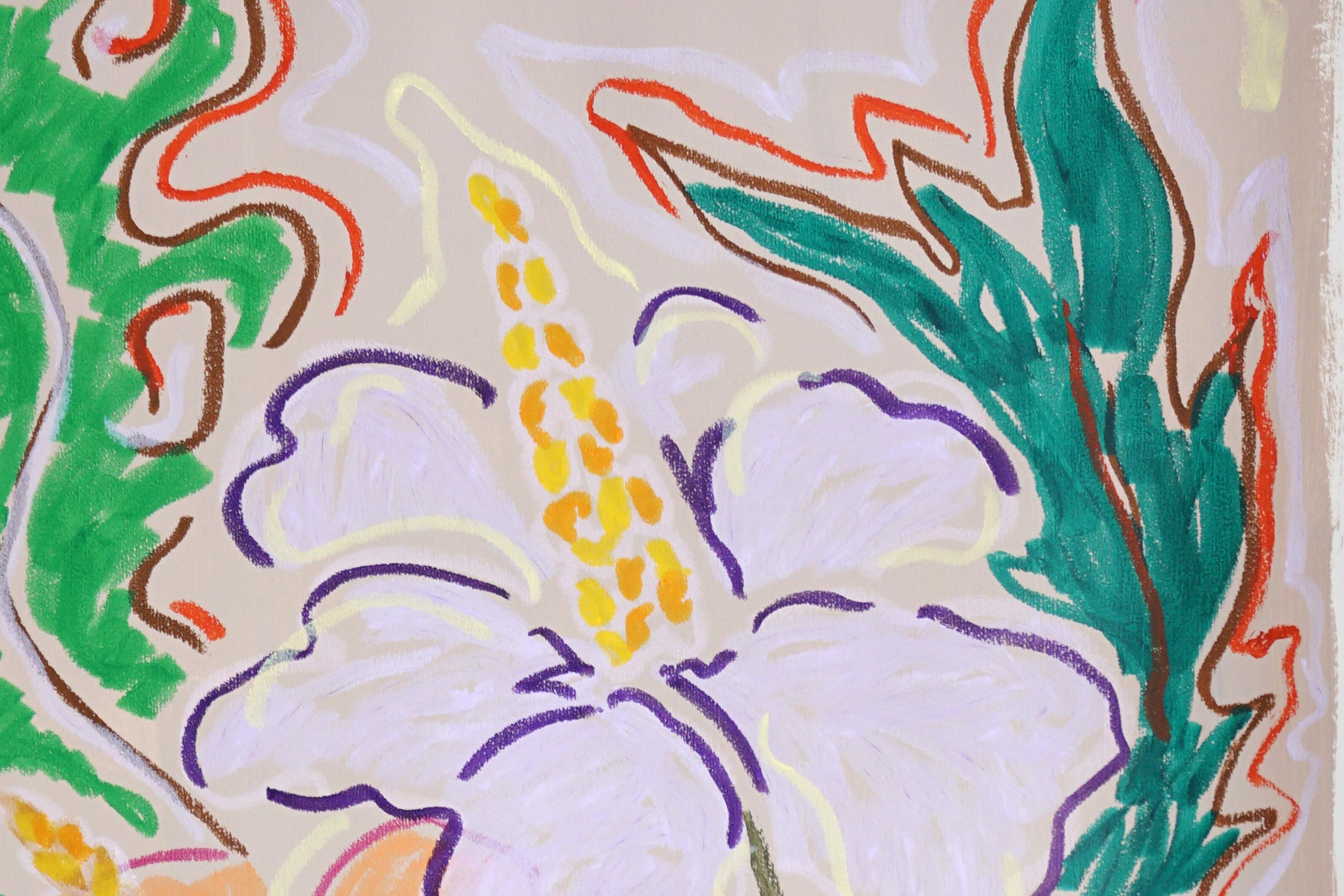Neon Hibiscus Trio, Expressionist Flora, Vigorous Drawing, Paper, Exotic Plants - Beige Still-Life Painting by Romina Milano