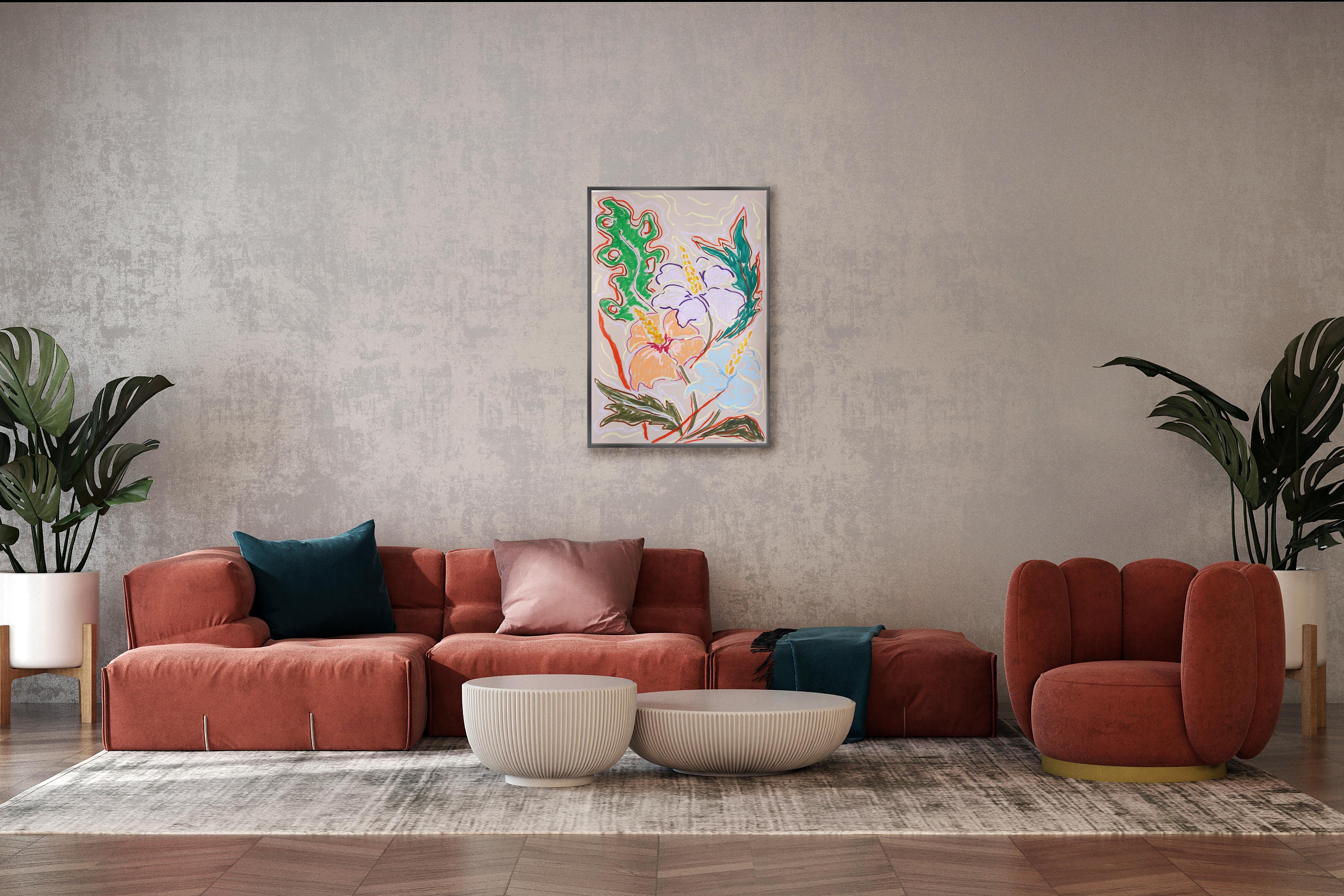 This expressionist botanical drawing on paper captures the raw vitality of exotic flowers through fresh, vigorous gestures. Milano's drawings abandon precise realism in favor of emotional intensity, using sweeping lines and dynamic marks to convey