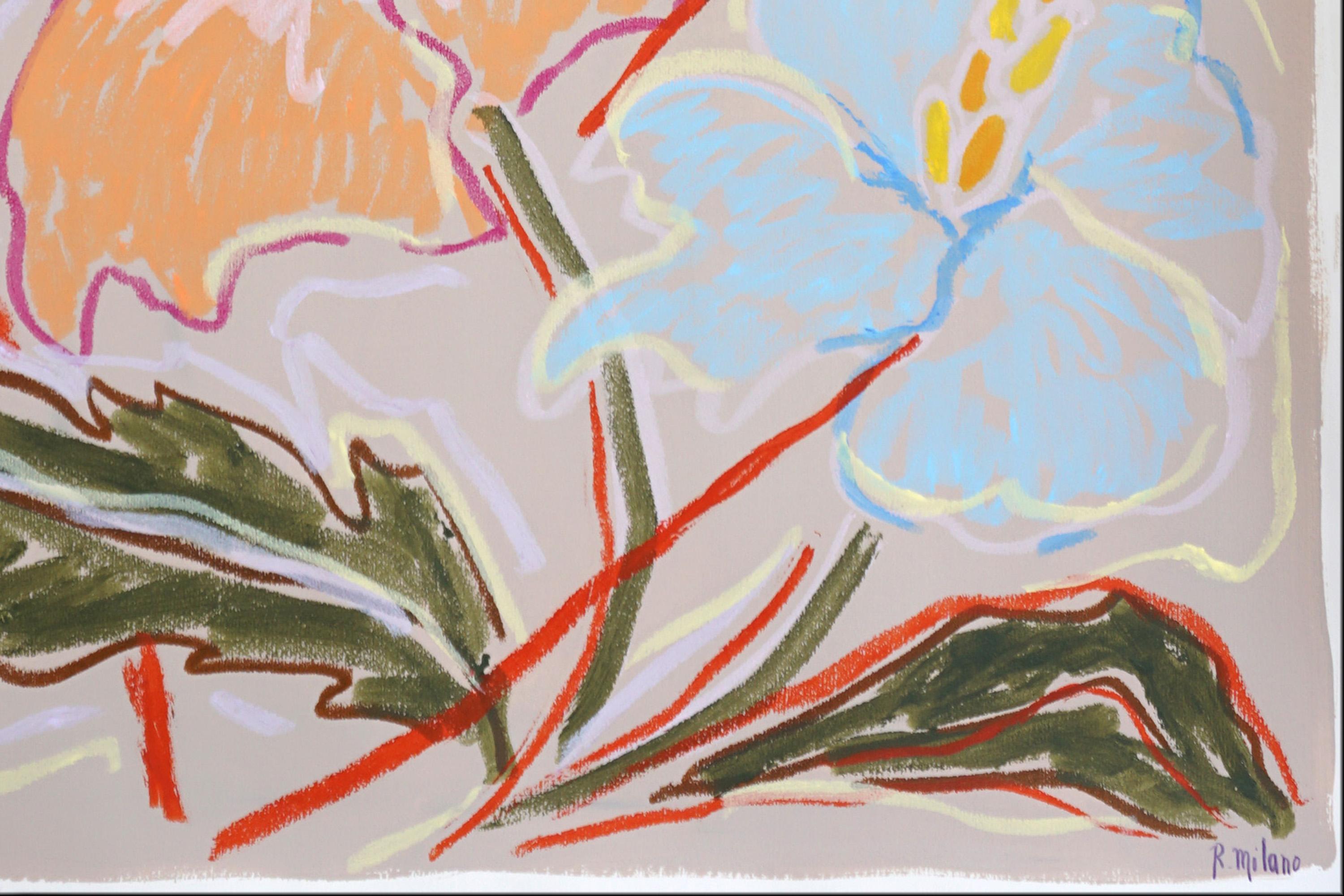 Neon Hibiscus Trio, Expressionist Flora, Vigorous Drawing, Paper, Exotic Plants 3