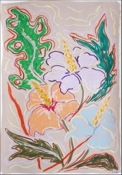 Neon Hibiscus Trio, Expressionist Flora, Vigorous Drawing, Paper, Exotic Plants