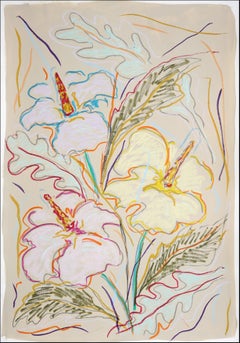 Ibisco di cera al neon, Flora espressionista, Disegno vigoroso su carta, Piante esotiche