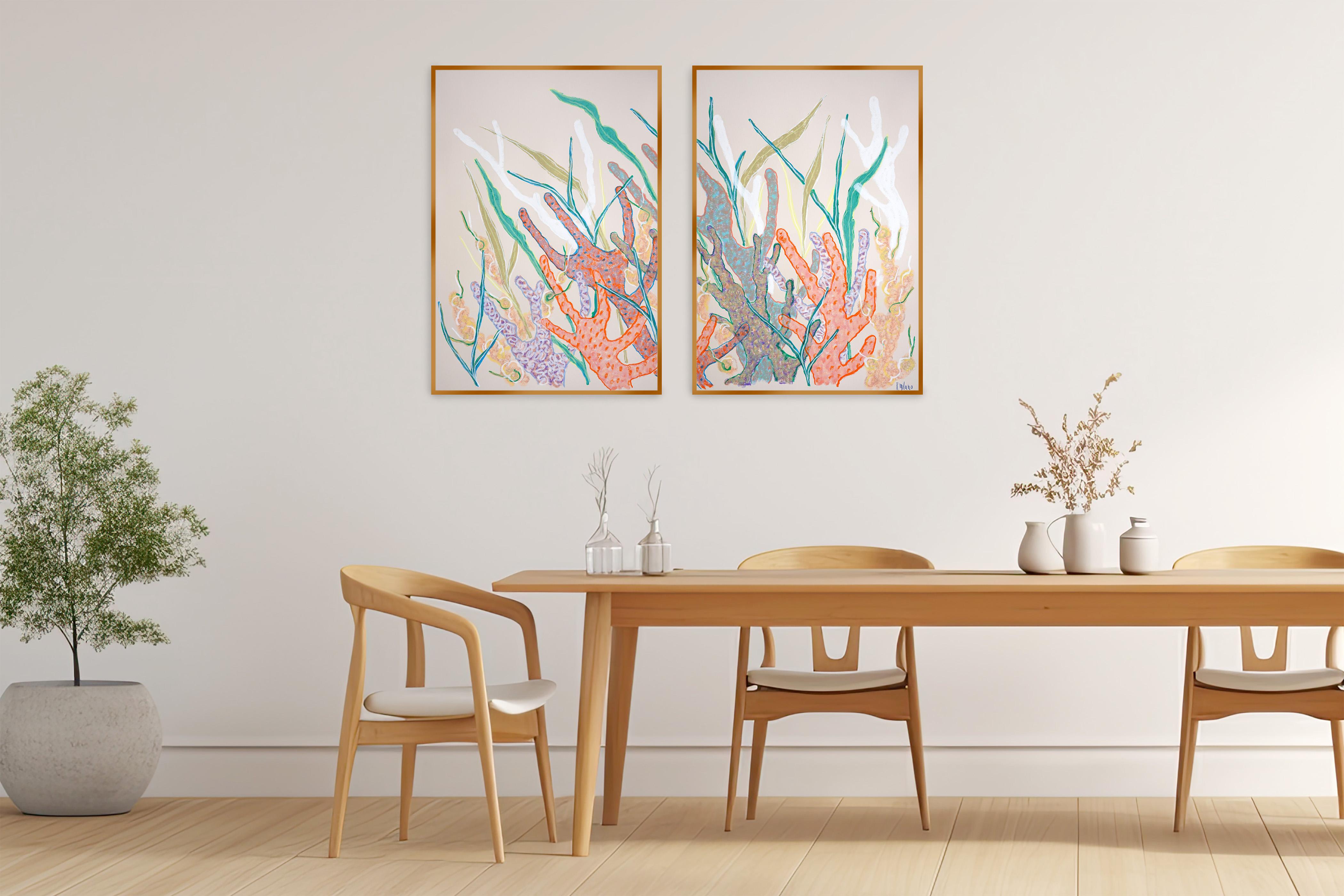 Coraux orange et turquoise, récif corallien, diptyque d'illustrations dans les tons pastel - Painting de Romina Milano