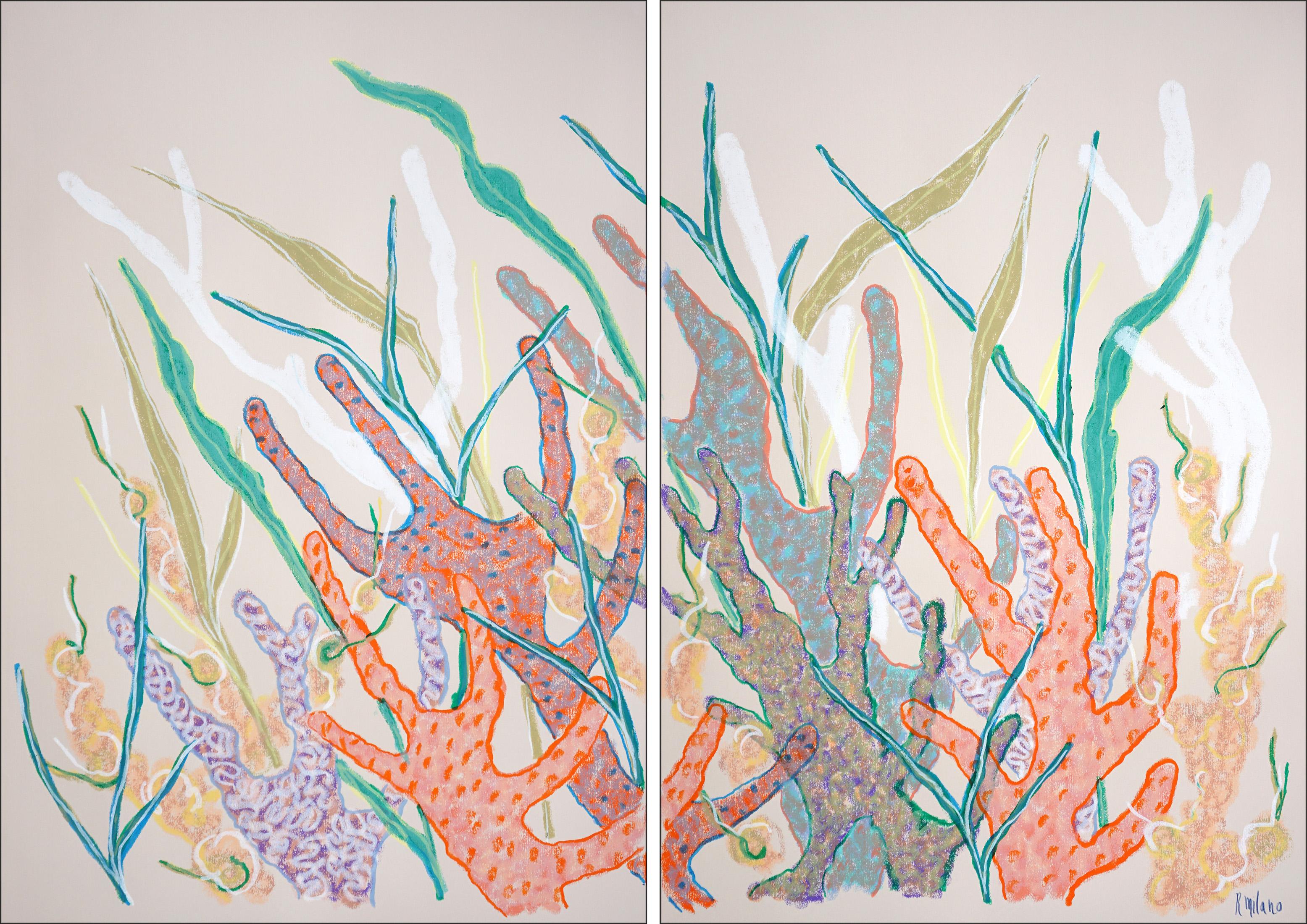Coraux orange et turquoise, récif corallien, diptyque d'illustrations dans les tons pastel - Naturalisme Painting par Romina Milano