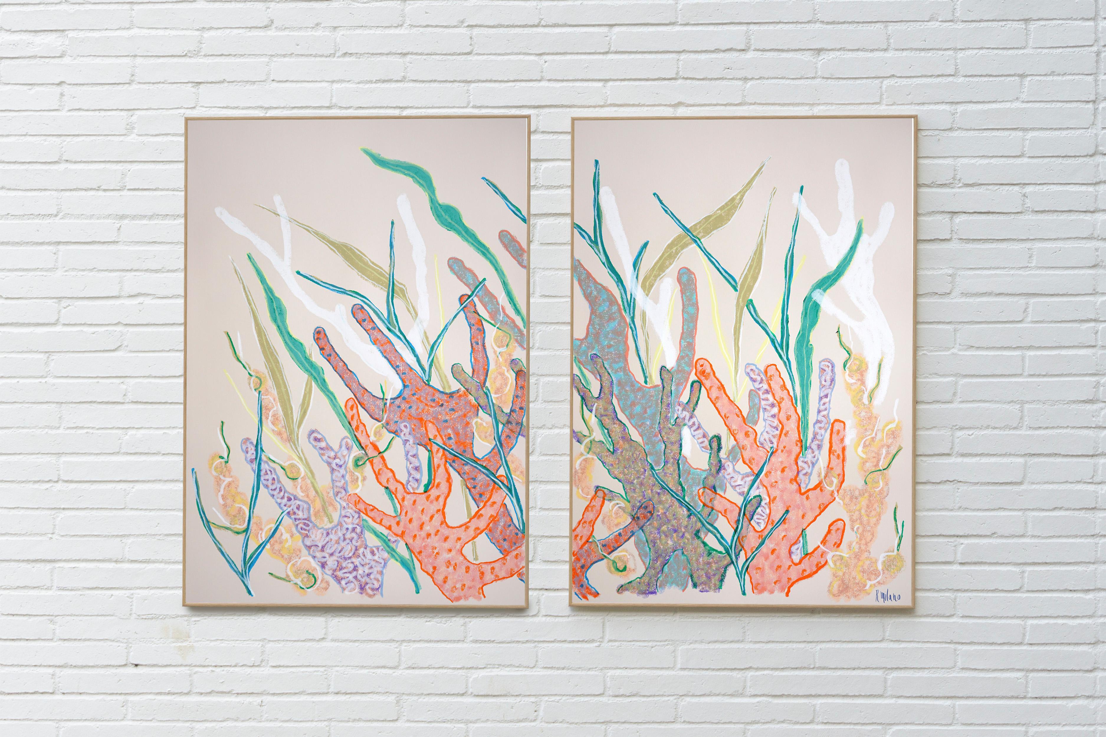 Coraux orange et turquoise, récif corallien, diptyque d'illustrations dans les tons pastel - Vert Landscape Painting par Romina Milano