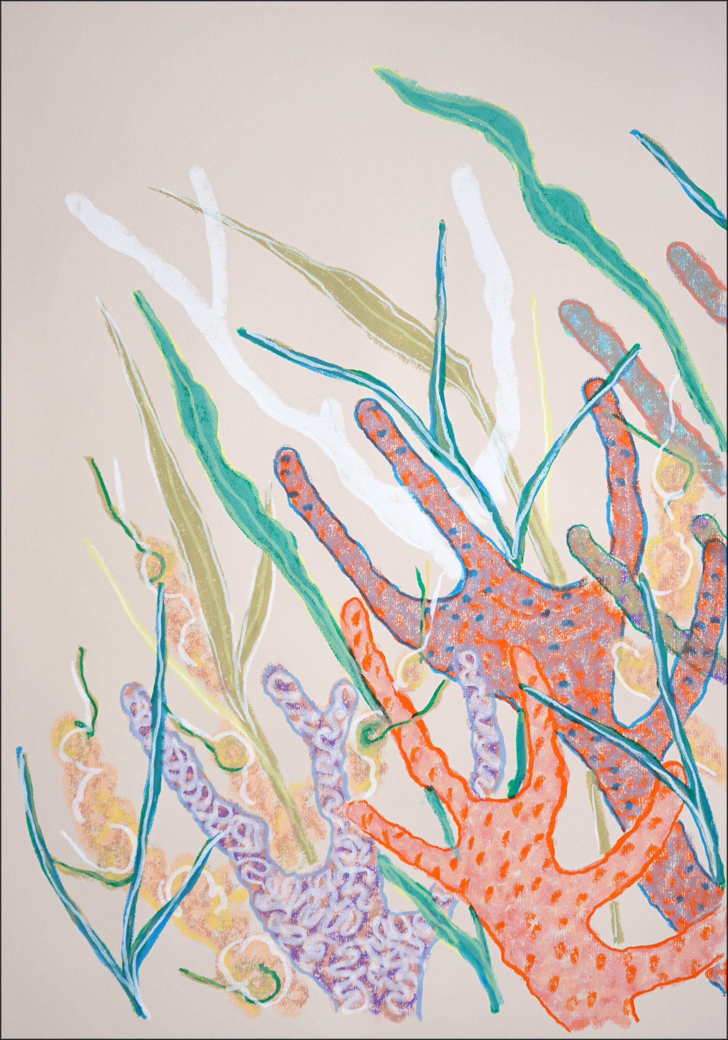 Coraux orange et turquoise de Romina Milano est un diptyque vibrant qui capture le rythme et la complexité de la vie sous-marine. Réalisée au crayon de gouache sur papier, l'œuvre superpose des formes coralliennes organiques dans des tons lumineux