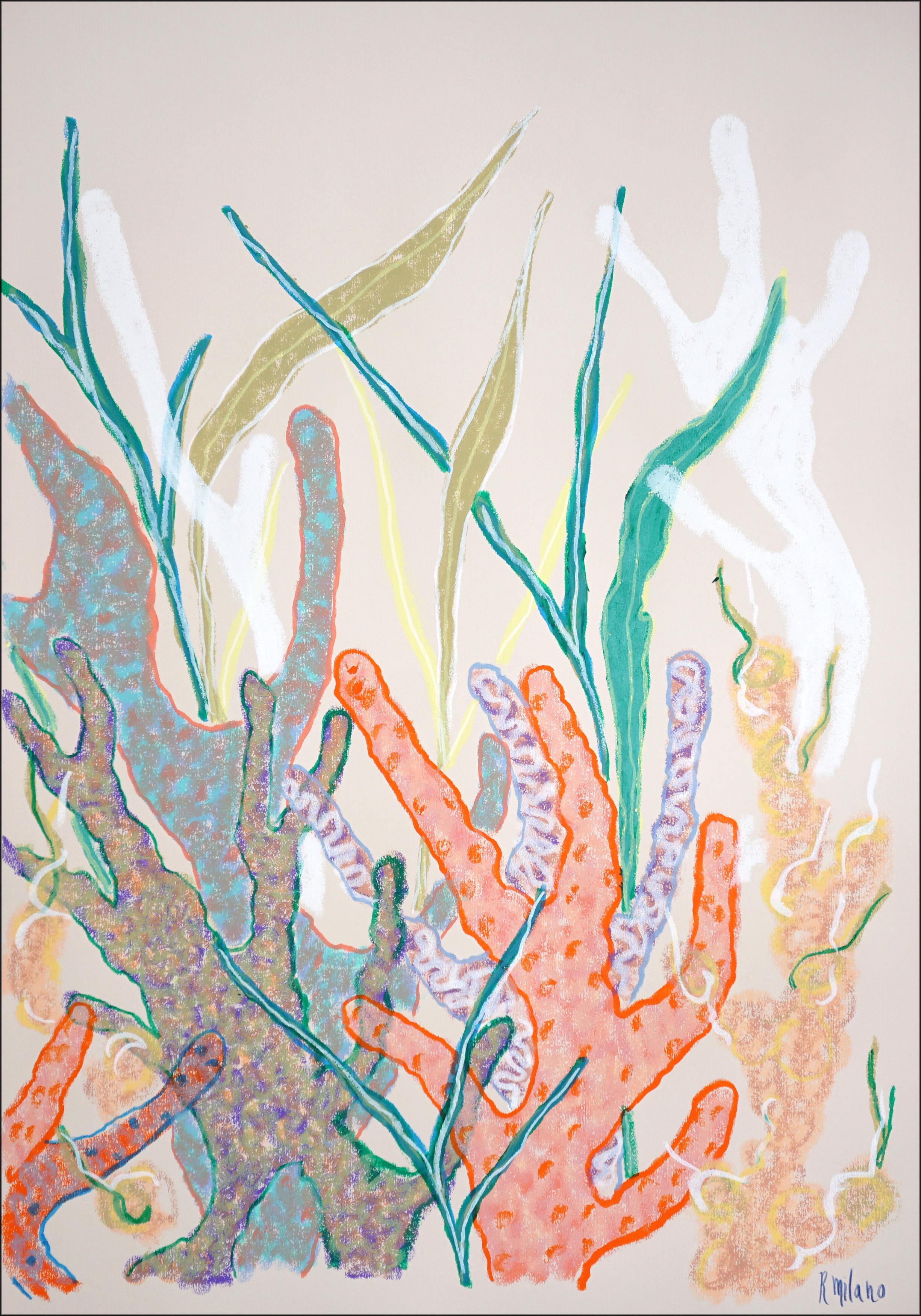 Coraux orange et turquoise, récif corallien, diptyque d'illustrations dans les tons pastel en vente 1