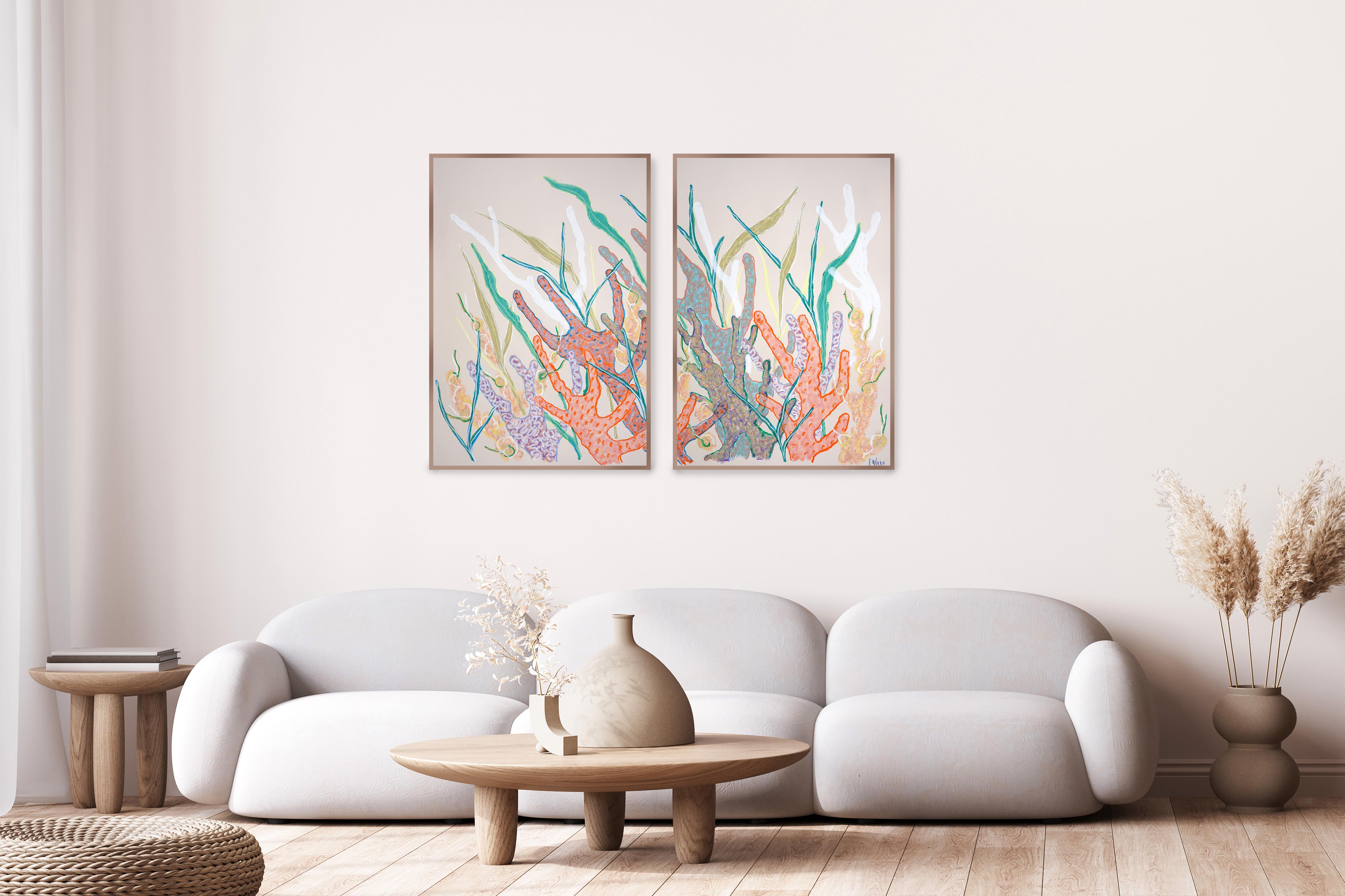 Coraux orange et turquoise, récif corallien, diptyque d'illustrations dans les tons pastel en vente 2