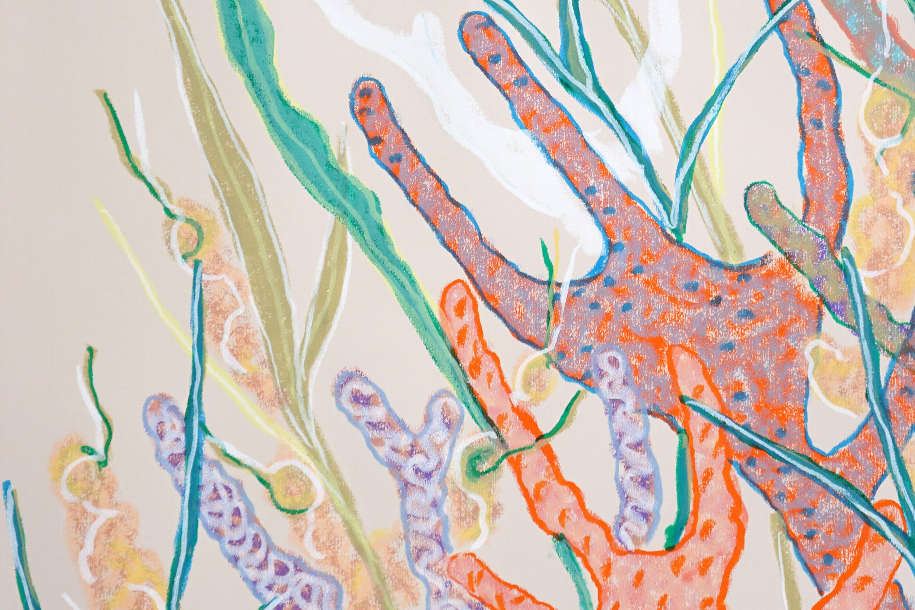 Coraux orange et turquoise, récif corallien, diptyque d'illustrations dans les tons pastel en vente 3