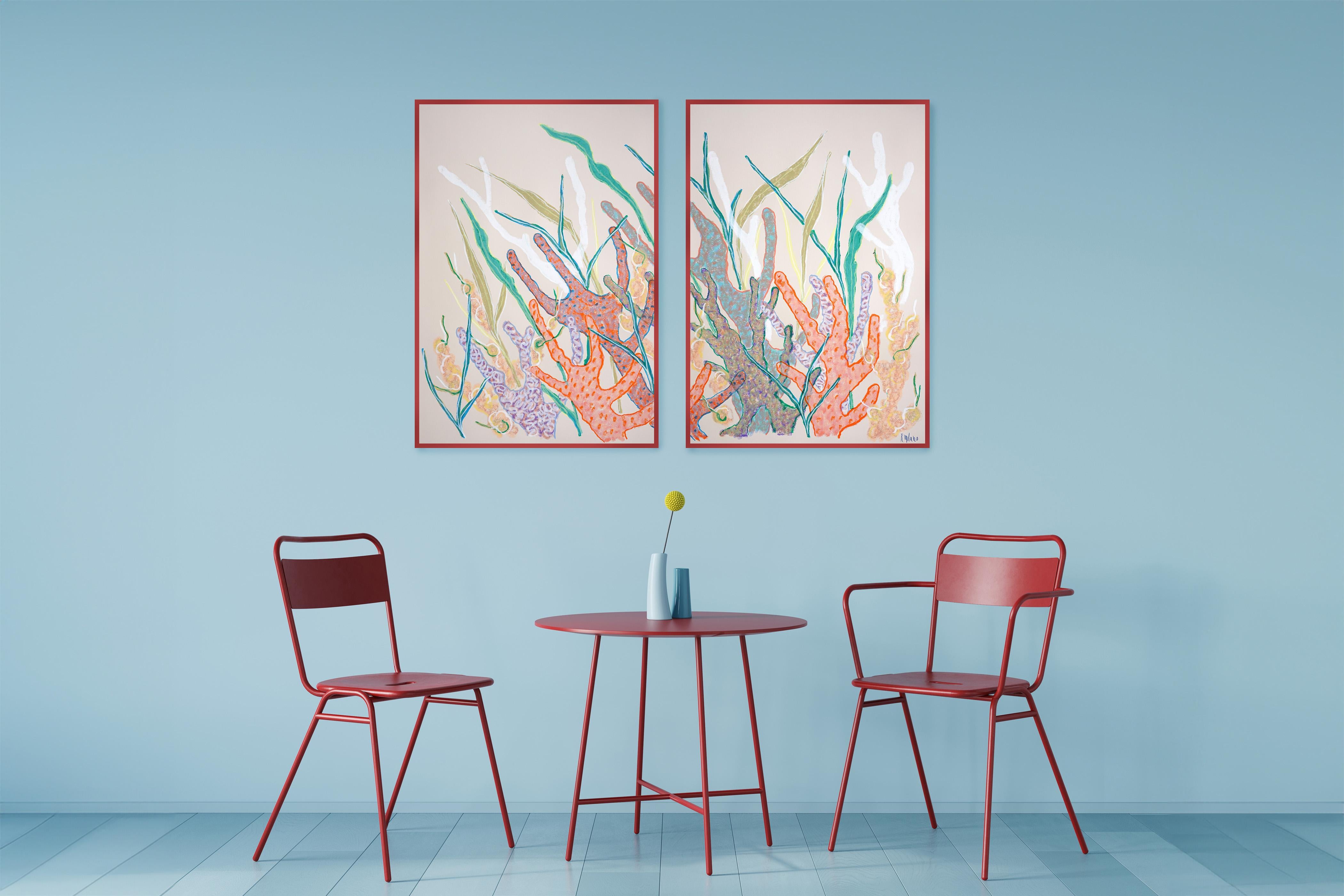 Coraux orange et turquoise, récif corallien, diptyque d'illustrations dans les tons pastel en vente 4