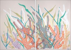 Romina Milano - Orange and Turquoise Corals, Coral Reef, Illustration Diptych in Pastel Tones Orange and Turquoise Corals, Coral Reef, Illustration Diptych in Pastel Tones