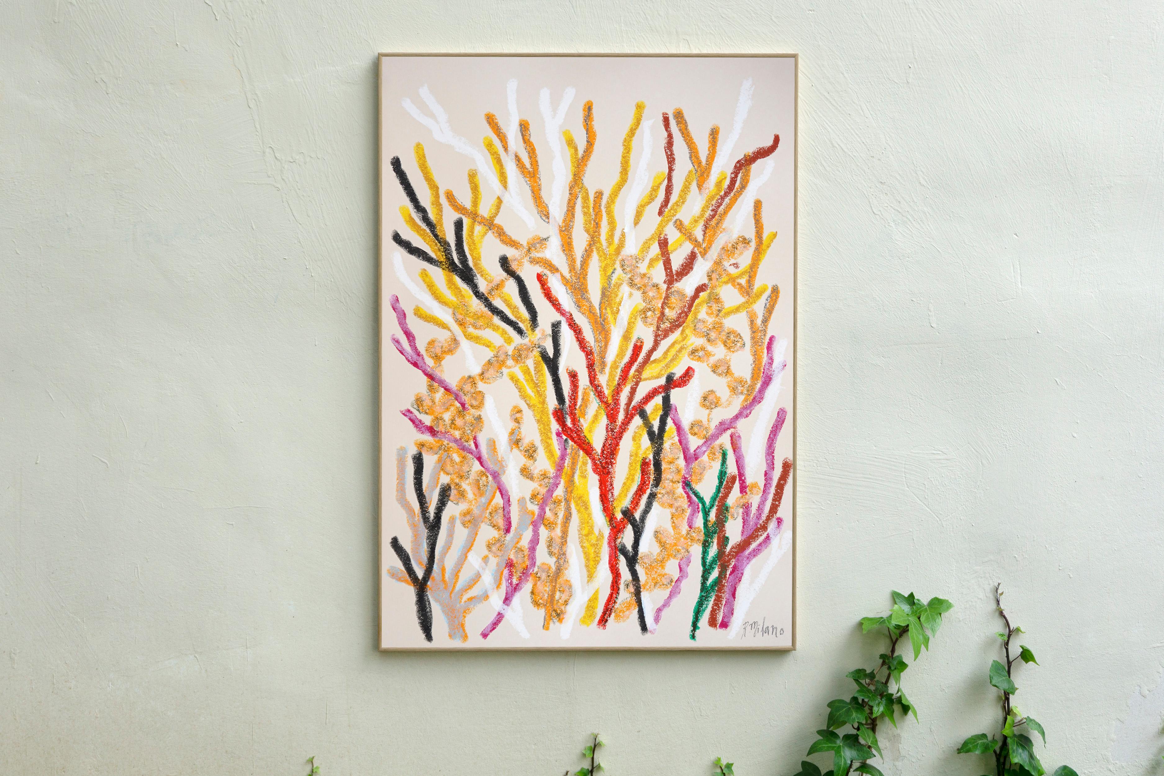 Orangefarbene Meeresflora, Korallenriff-Gemälde in Gelb, lebhafte organische Formen, Papier – Painting von Romina Milano