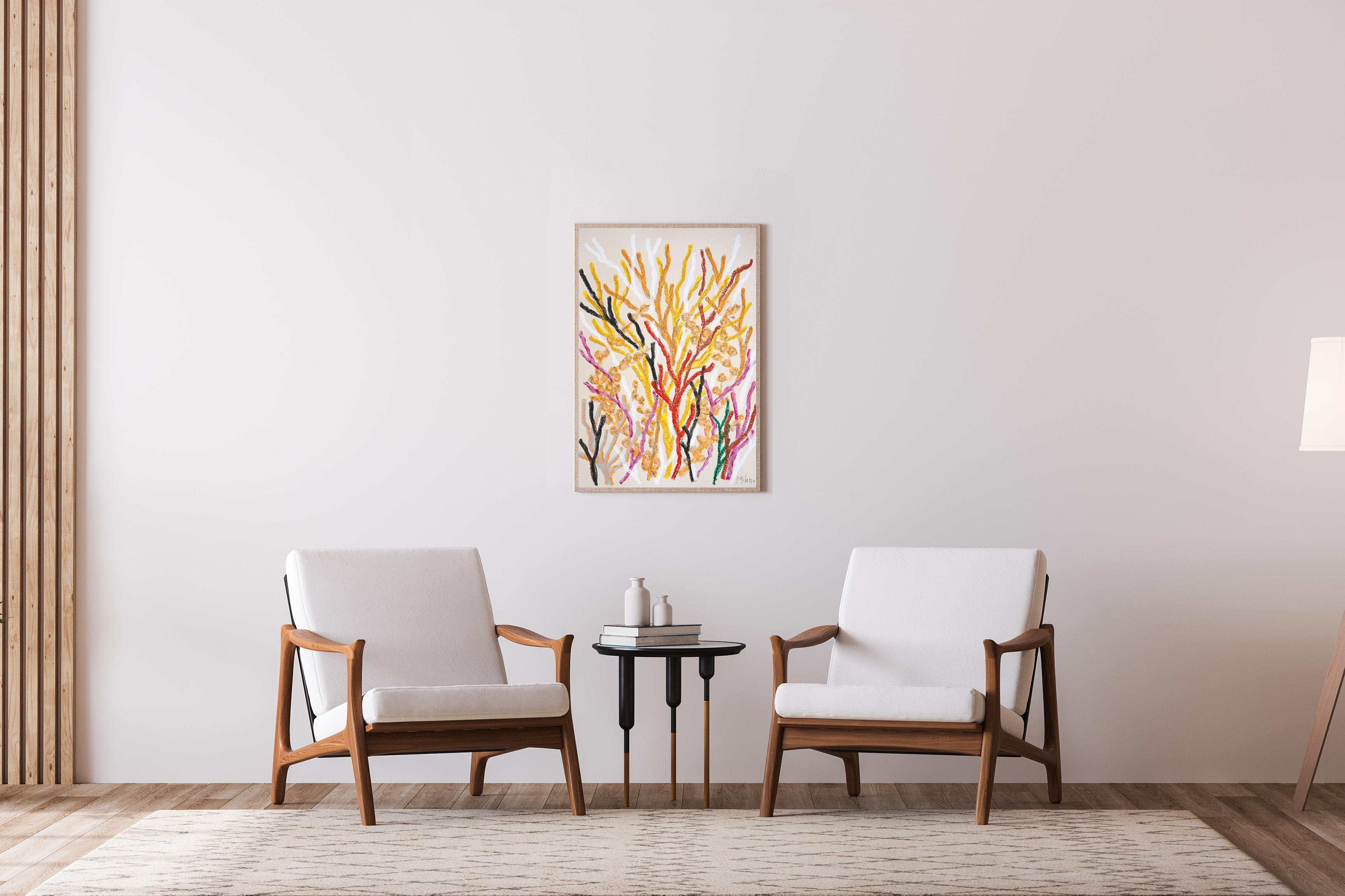 Orangefarbene Meeresflora, Korallenriff-Gemälde in Gelb, lebhafte organische Formen, Papier (Naturalismus), Painting, von Romina Milano